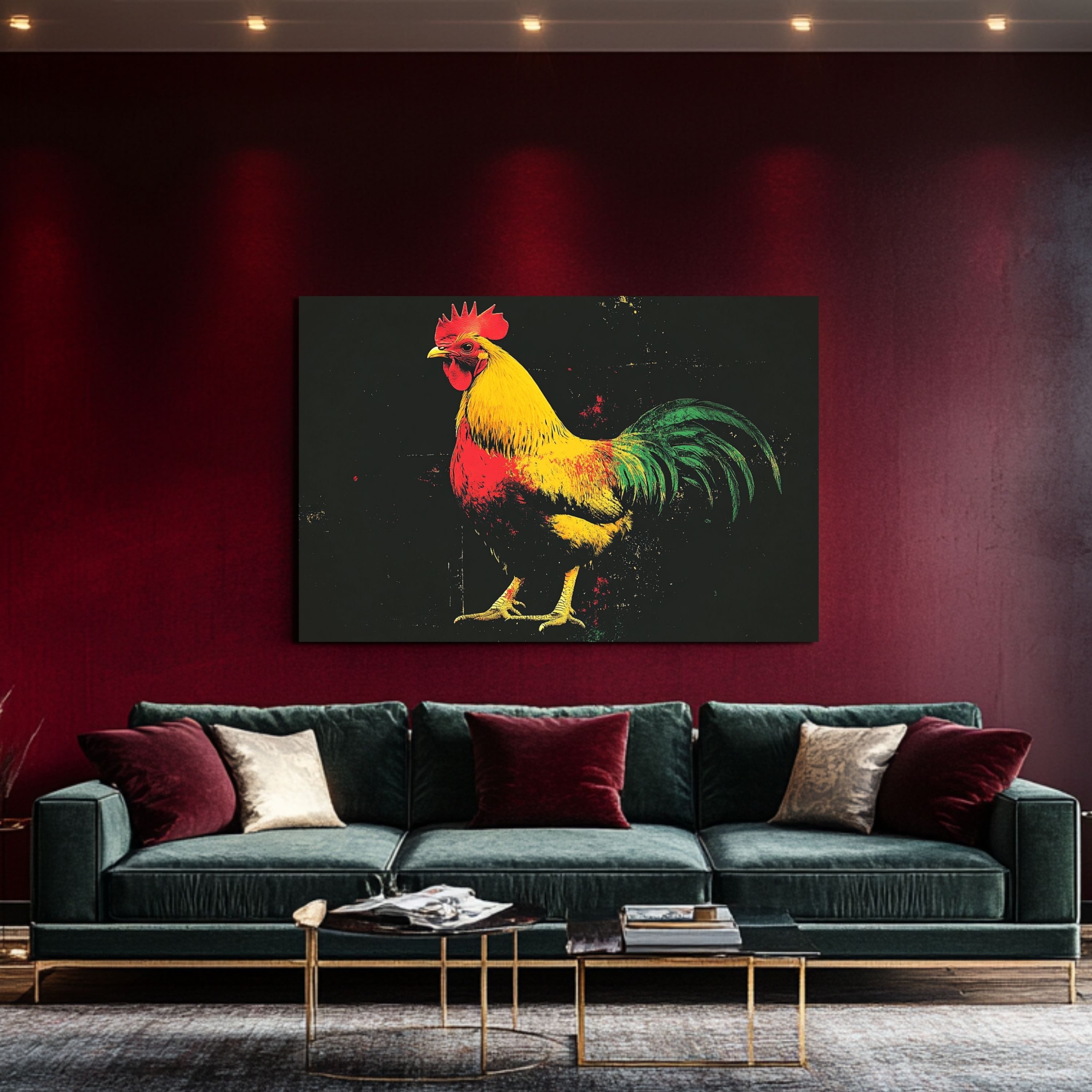 DARO Design Leinwandbild Modern Abstrakt Wandbilder XXL Wandbild Wand Deko Leinwand Bilder, (Hahn Warhol Glitch - Bild groß Wohnzimmer Schlafzimmer Küche Esszimmer Einteilig Querformat Fotodruck Leinwände Wanddeko Abstrakte Kunst Boho), 84x56cm