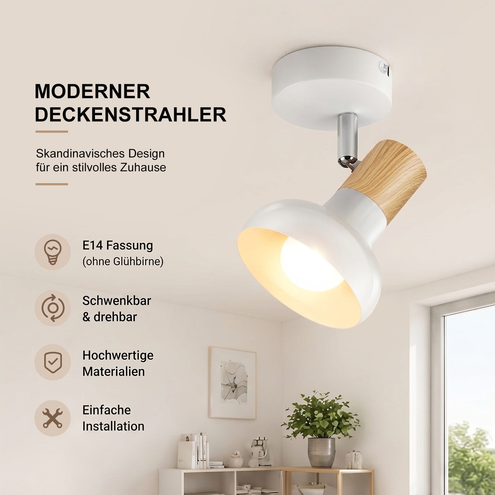 ZMH Deckenstrahler E14 Flammig Eisen Lampenschirm Deckenlampe Flur & Schlafzimmer, ohne Leuchtmittel, Weiß Schwenkbar 350° Modern Wohnzimmerlampe