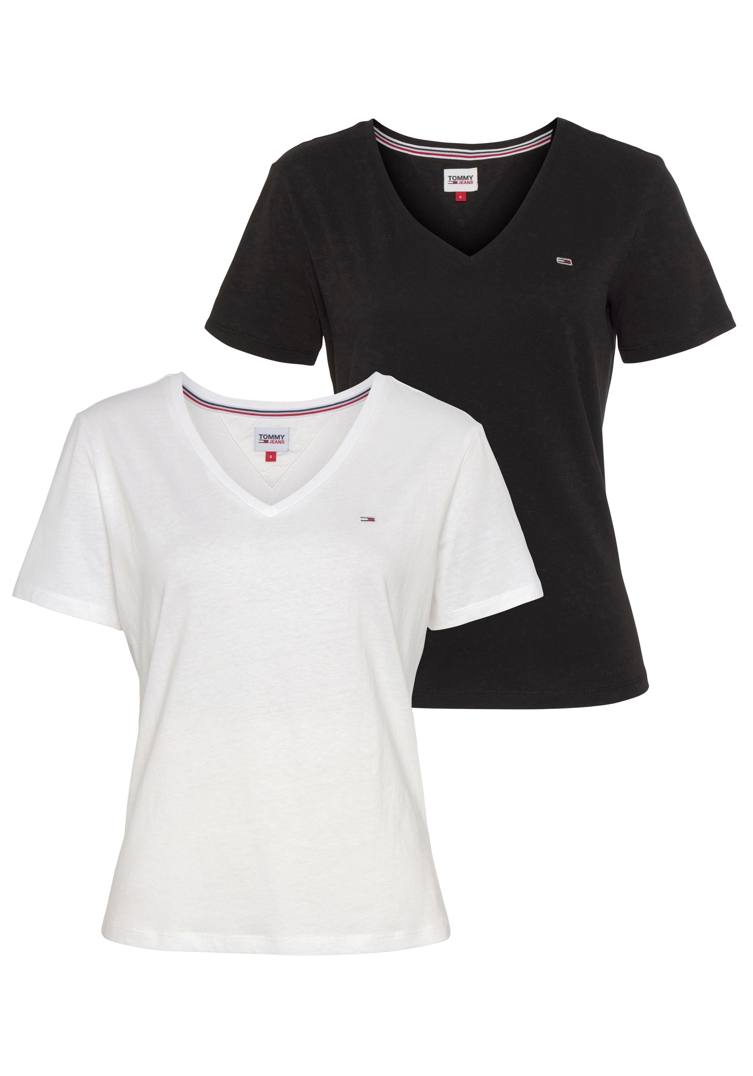 Tommy Jeans 2er-Pack) NECK Optik SOFT Markenlabel mit Tommy 2PACK Basic V-Shirt in Black/White SLIM TEE 2-tlg., Jeans (Packung, TJW V