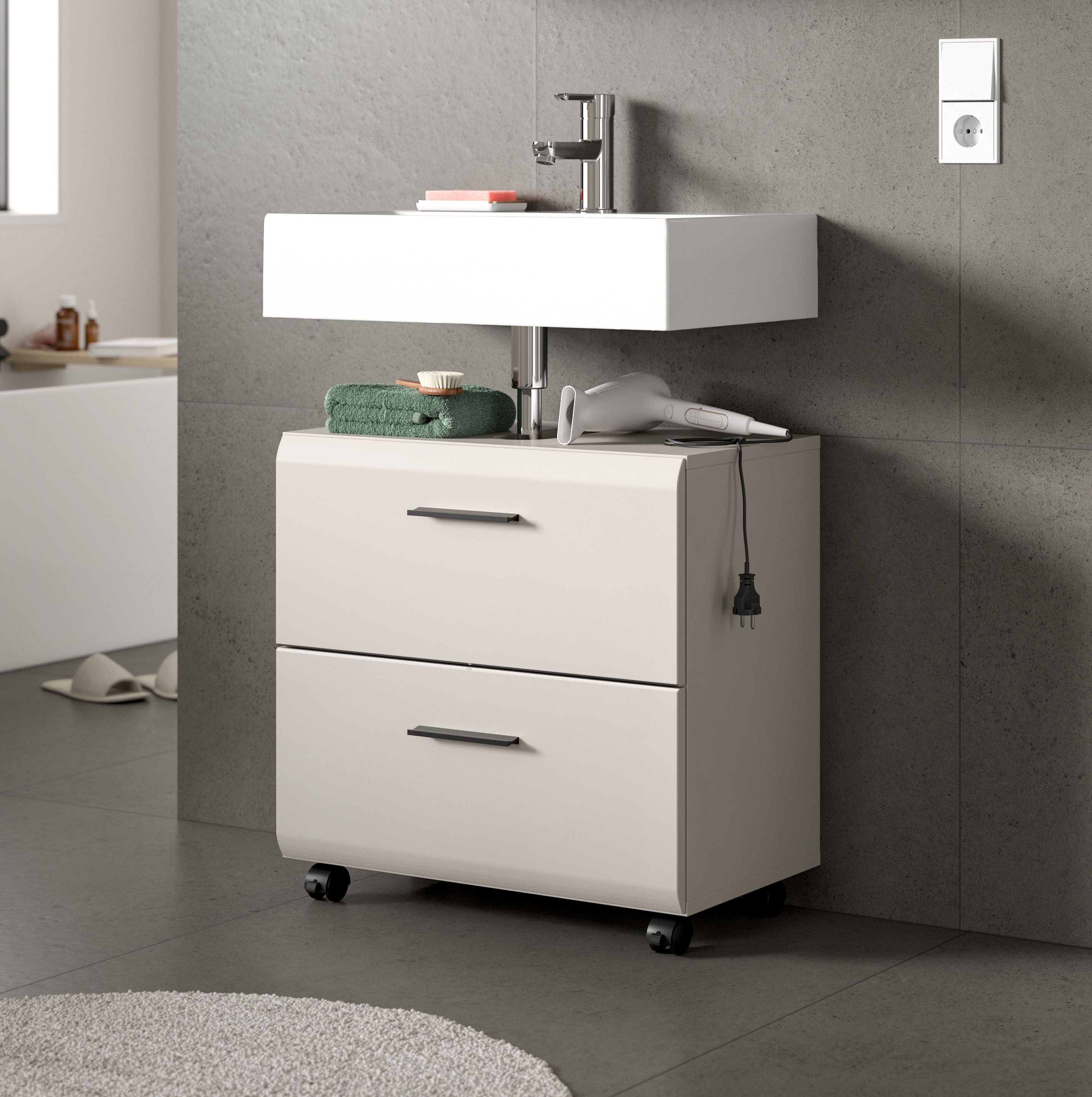 welltime Waschbeckenunterschrank FLORENZ, Breite 60cm, inkl. Siphonausschnitt, mit Türen oder Schüben (TOPSELLER) hochwertige MDF Front, Griff schwarz, Badschrank, Bad