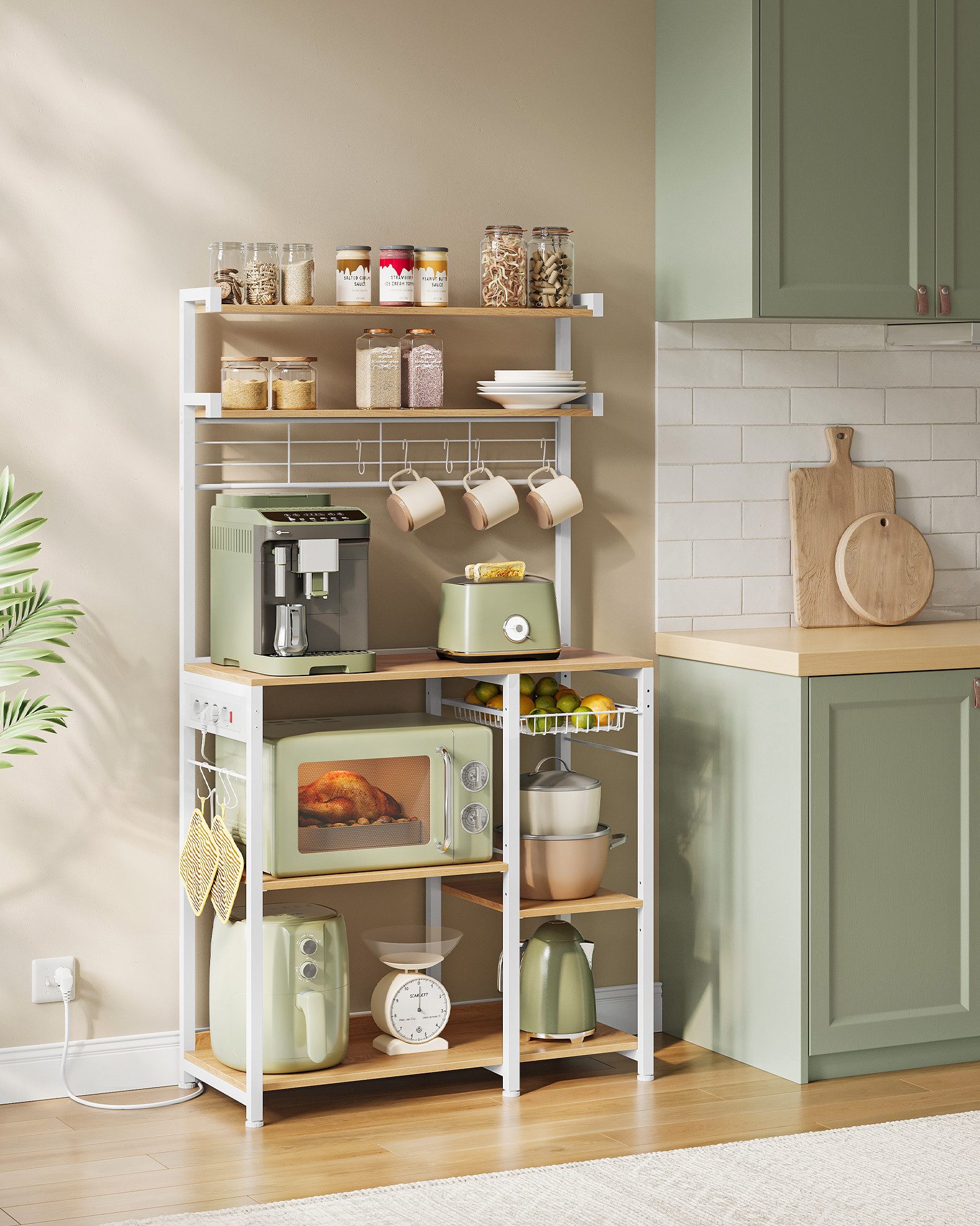 VASAGLE Küchenregal, Küchenregal mit Steckdosen, 8 S-Haken, mit Korb, Gewür günstig online kaufen