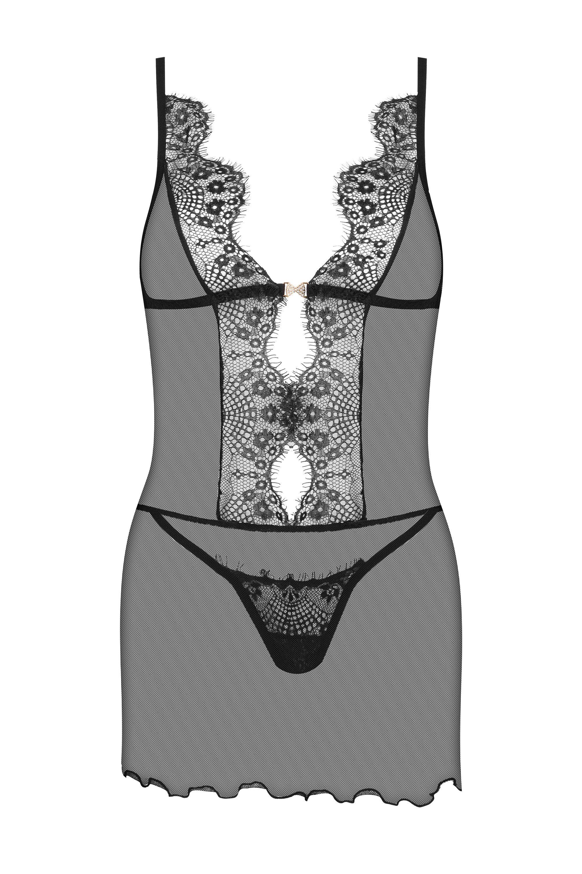 Beauty Night Fashion Negligé Tüll-Negligee Davina schwarz mit String (2-tlg)