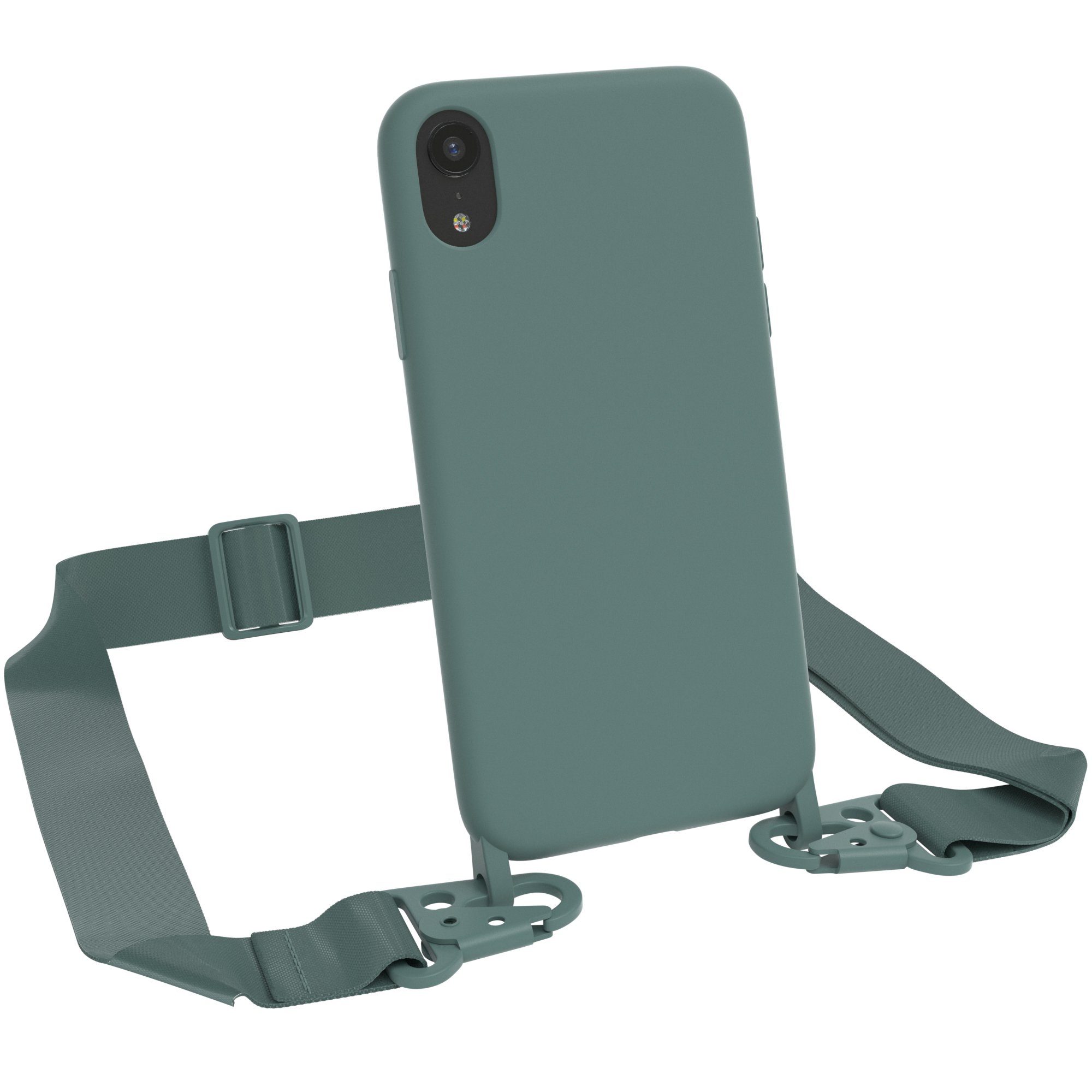 EAZY CASE Handykette Breitband Kette für Apple iPhone XR 6,1 Zoll, Handykette Cross Bag Kettenhülle mit Ringen in Nacht Grün Dunkelgrün