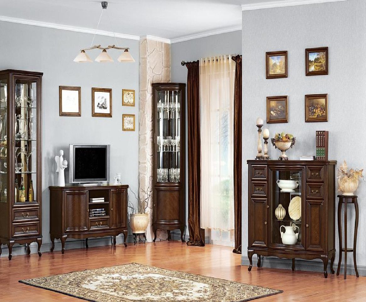 JVmoebel Wohnzimmer-Set Elegantes Wohnzimmer-Set in Braun mit Glasvitrine und TV-Lowboard, (4-St., 4tlg Wohnzimmer Set (Vitrine + TV-Lowboard + Eckvitrine + Kommode), Made in Europa
