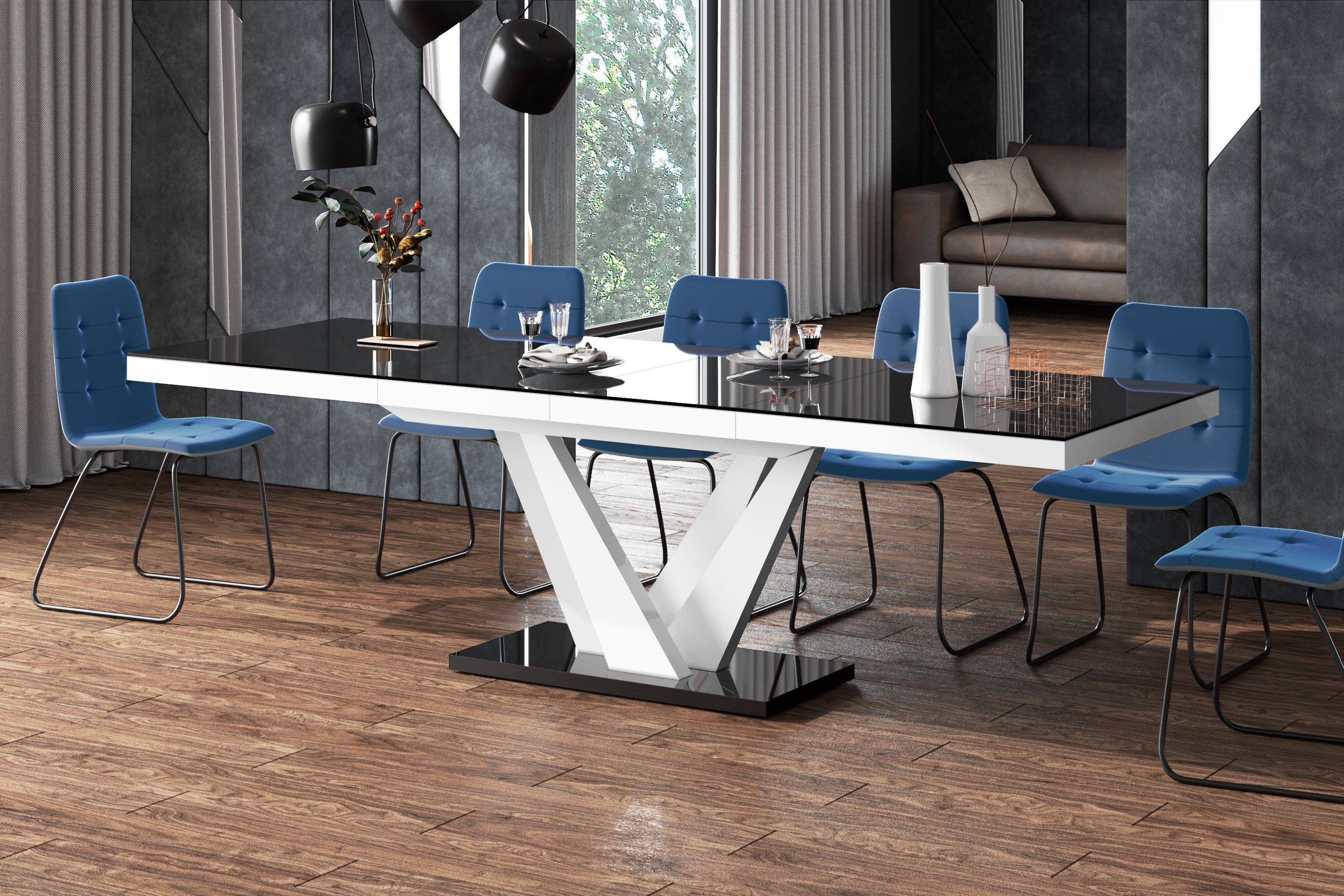 designimpex Esstisch Design Esstisch Tisch HEV-111 ausziehbar 160 bis 256 cm Schwarz Hochglanz / Weiß Hochglanz