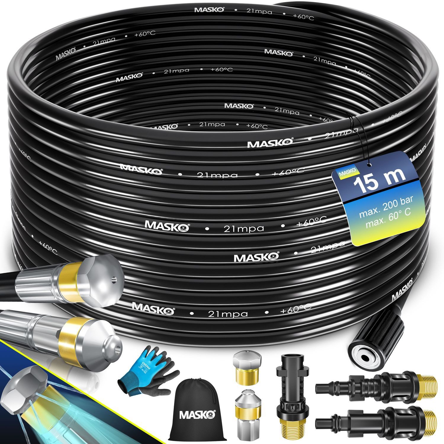 MASKO Hochdruckschlauch, Premium Rohrreinigungsschlauch Set Abflussreiniger 200 bar