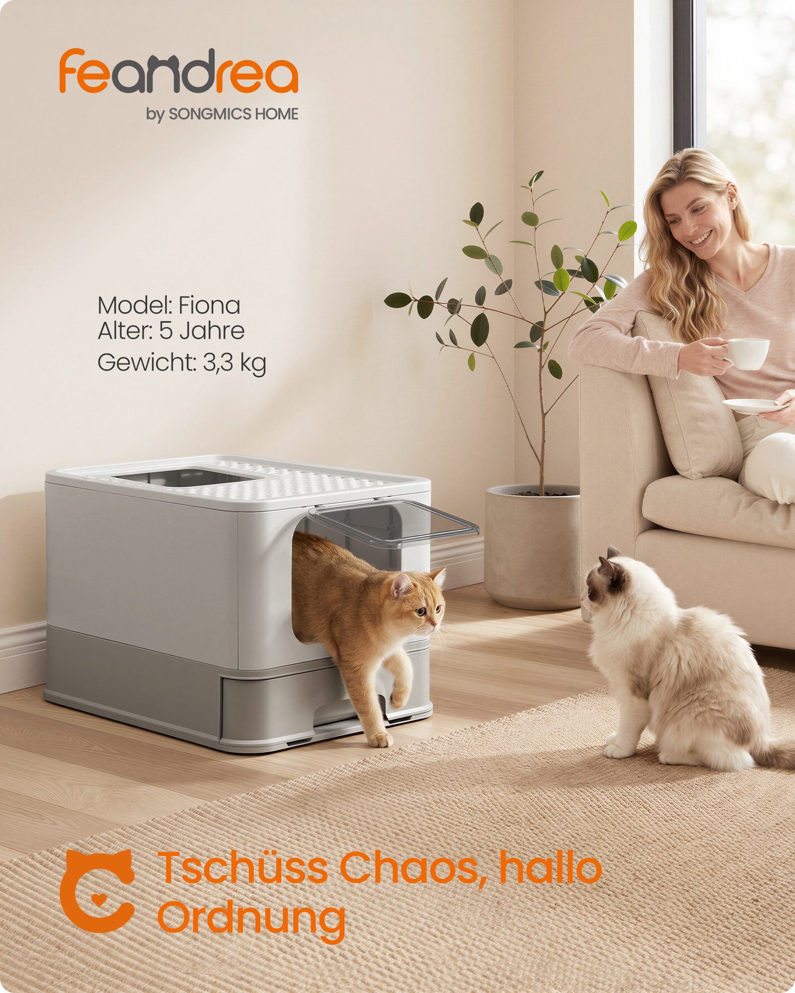 FEANDREA Katzentoilette Katzenklo Edelstahl, für Katzen bis 15 kg, mit Schublade, Schaufel, Bürste, 2 Eingänge