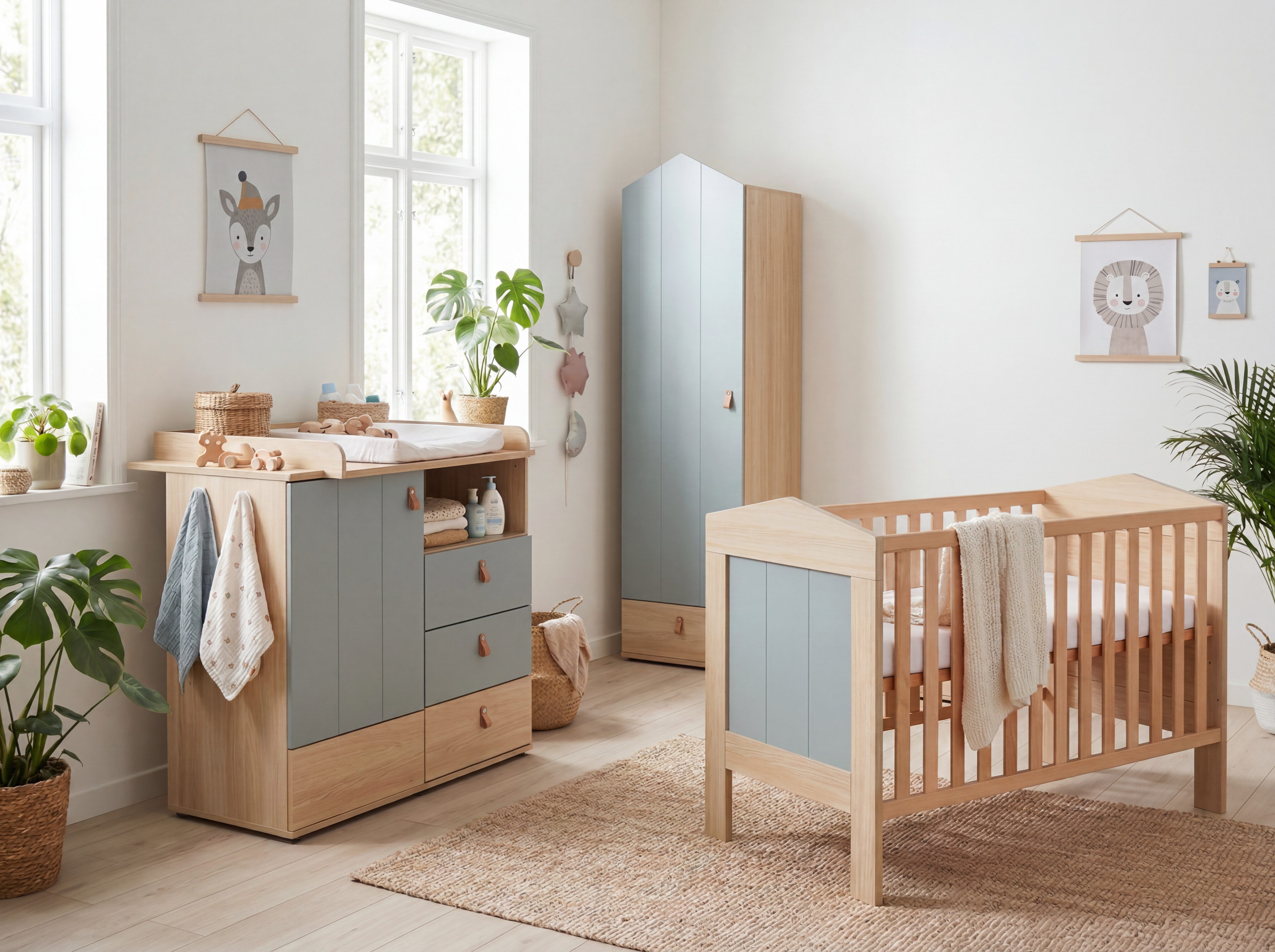 arthur berndt Babyzimmer-Komplettset Roofy, (Spar-Set, 3-tlg., Kleiderschrank, Wickelkommode, Babybett), Soft-Close / Türdämpfung, hochwertig, Rillenfräsung