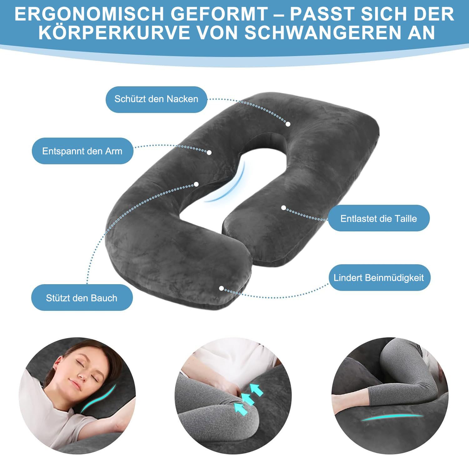 AIMAX Stillkissen Schwangerschaftskissen J-Form Ganzkörperkissen Schlafen Körperkissen, Seitenschläferkissen mit Bezug Kissen Stillkissen Groß Lagerungskissen