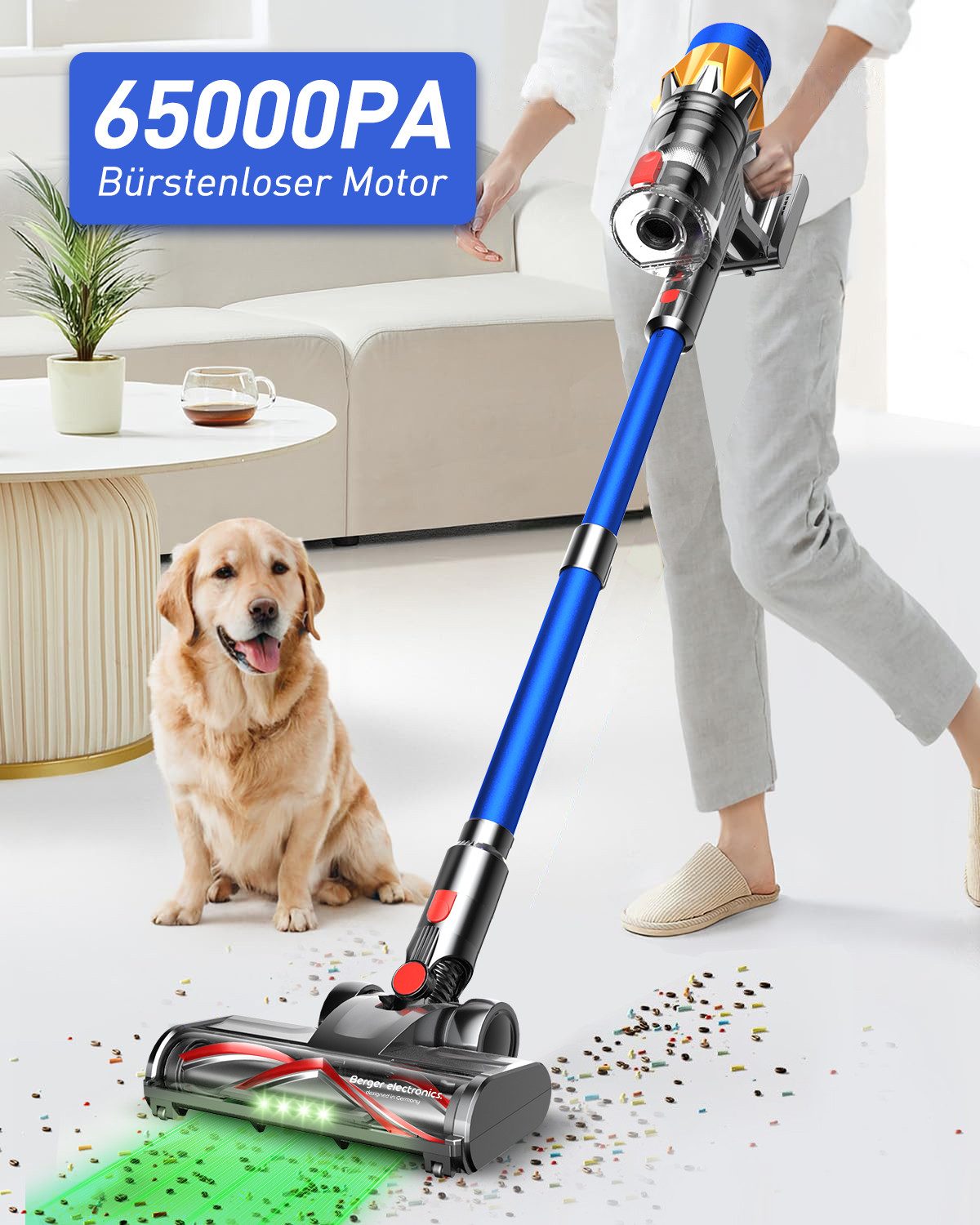 BERGER ELECTRONICS Akku-Stielstaubsauger Akku Staubsauger, Staubsauger Kabellos, 65000 Pa/600W, 70min Laufzeit, 600 W, beutellos, Bodenstaubsauger, Hochwertige Verarbeitung