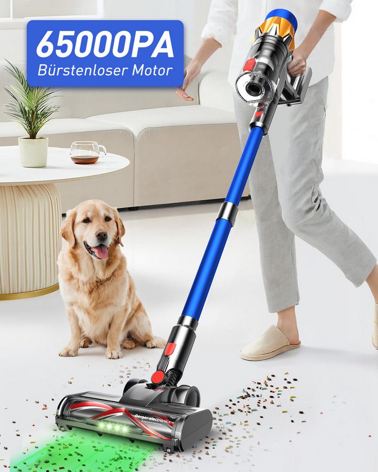 BERGER ELECTRONICS Akku-Stielstaubsauger Akku Staubsauger, Staubsauger Kabellos, 65000 Pa/600W, 70min Laufzeit, 600 W, beutellos, Bodenstaubsauger, Hochwertige Verarbeitung