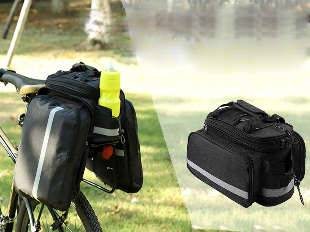 Verkgroup Gepäckträgertasche Großes Fahrradtaschen-Set mit 3 Fächern und Regenhülle (Multifunktionales Fahrradtaschen-Set für Gepäckträger, Fahrradtasche mit Regenhülle und Schultergurt, ideal für Touren), Reflektierend, erweiterbares Hauptfach, Regenhülle, Schultergurt