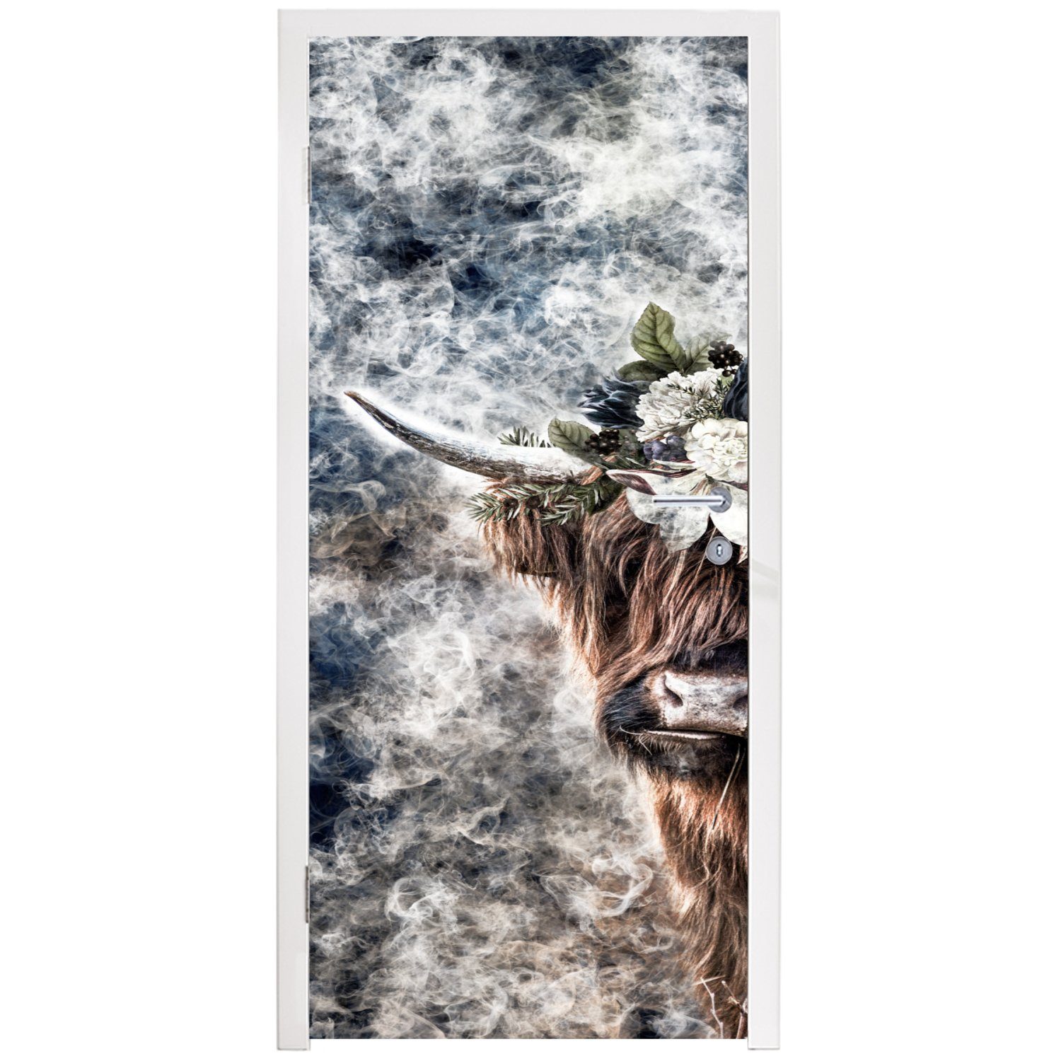 Rauch - Tür, cm für St), MuchoWow Türtapete Schottischer Fototapete Matt, 75x205 Bouquet, Türaufkleber, Highlander (1 - bedruckt,