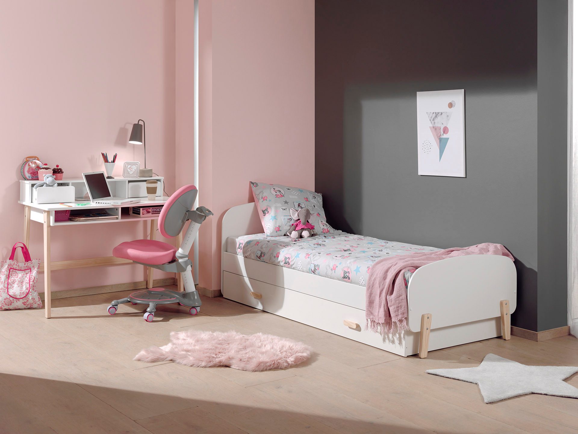 Jugendzimmer-Set Set Kiddy: Einzelbett 90x200cm mit Bettschublade, Schreibtisch