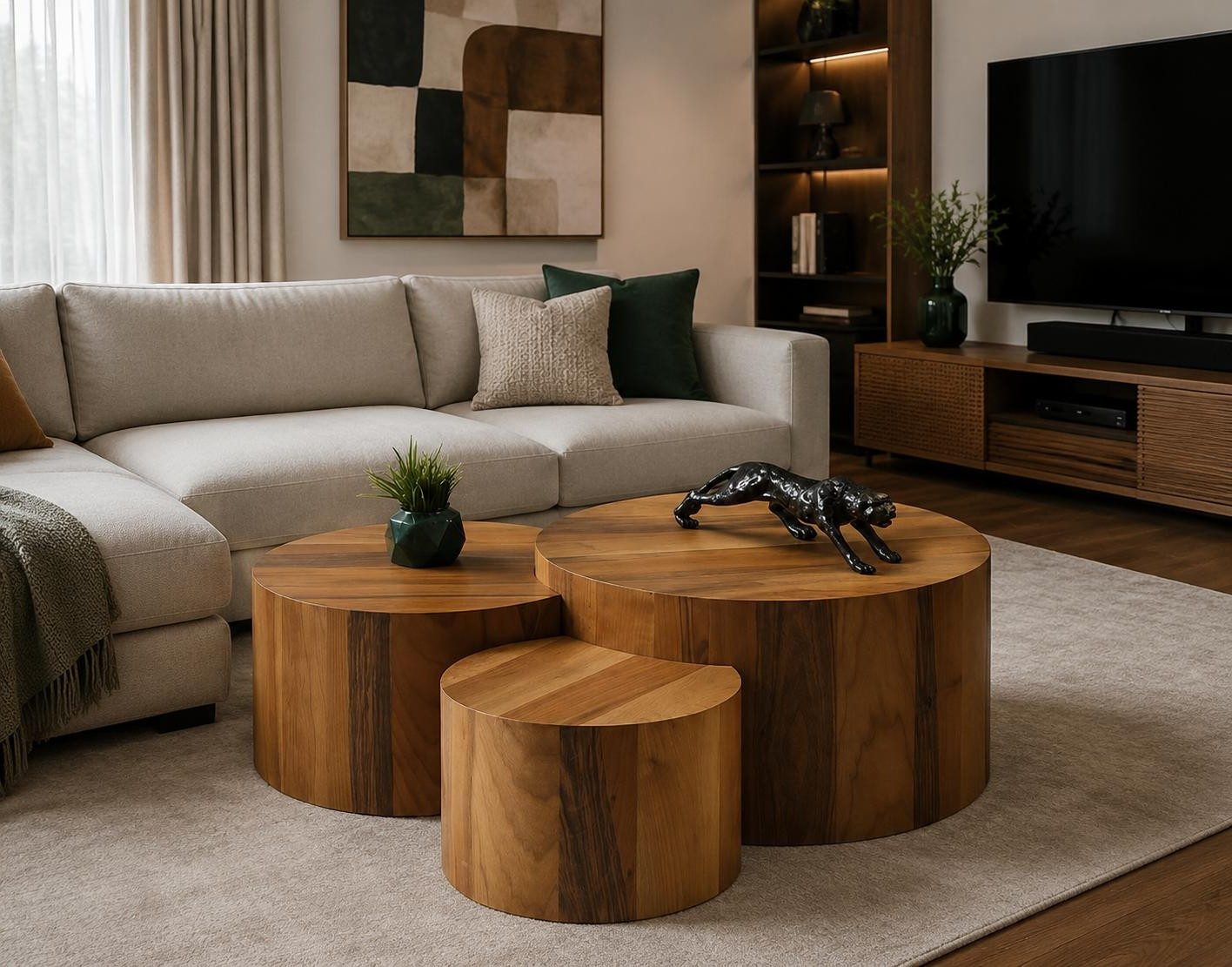 Xlmoebel Couchtisch Modernes rundes Couchtisch-Set in Walnuss für das Wohnzimmer, Made in Europa