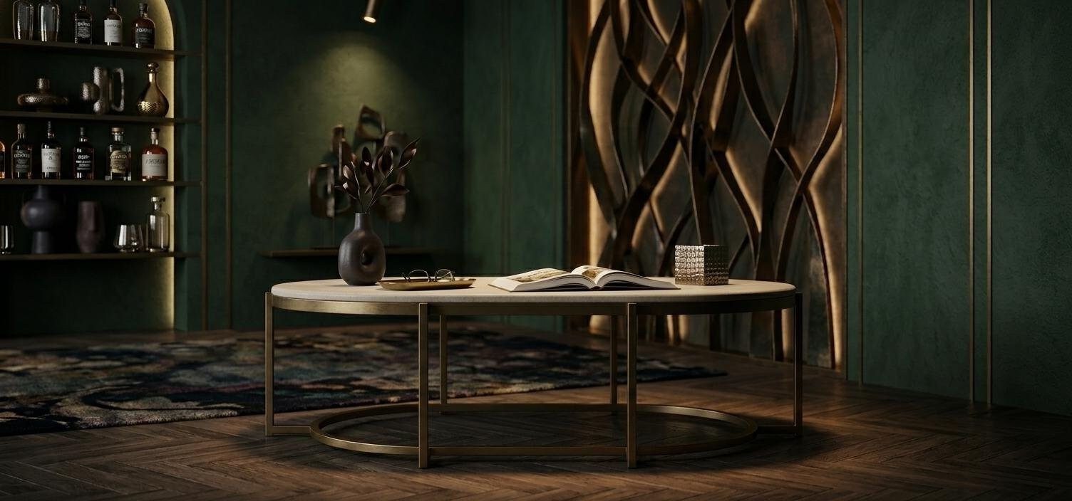 Xlmoebel Couchtisch Eleganter ovaler Couchtisch aus hellem Holz mit Metallgestell, Made in Europa