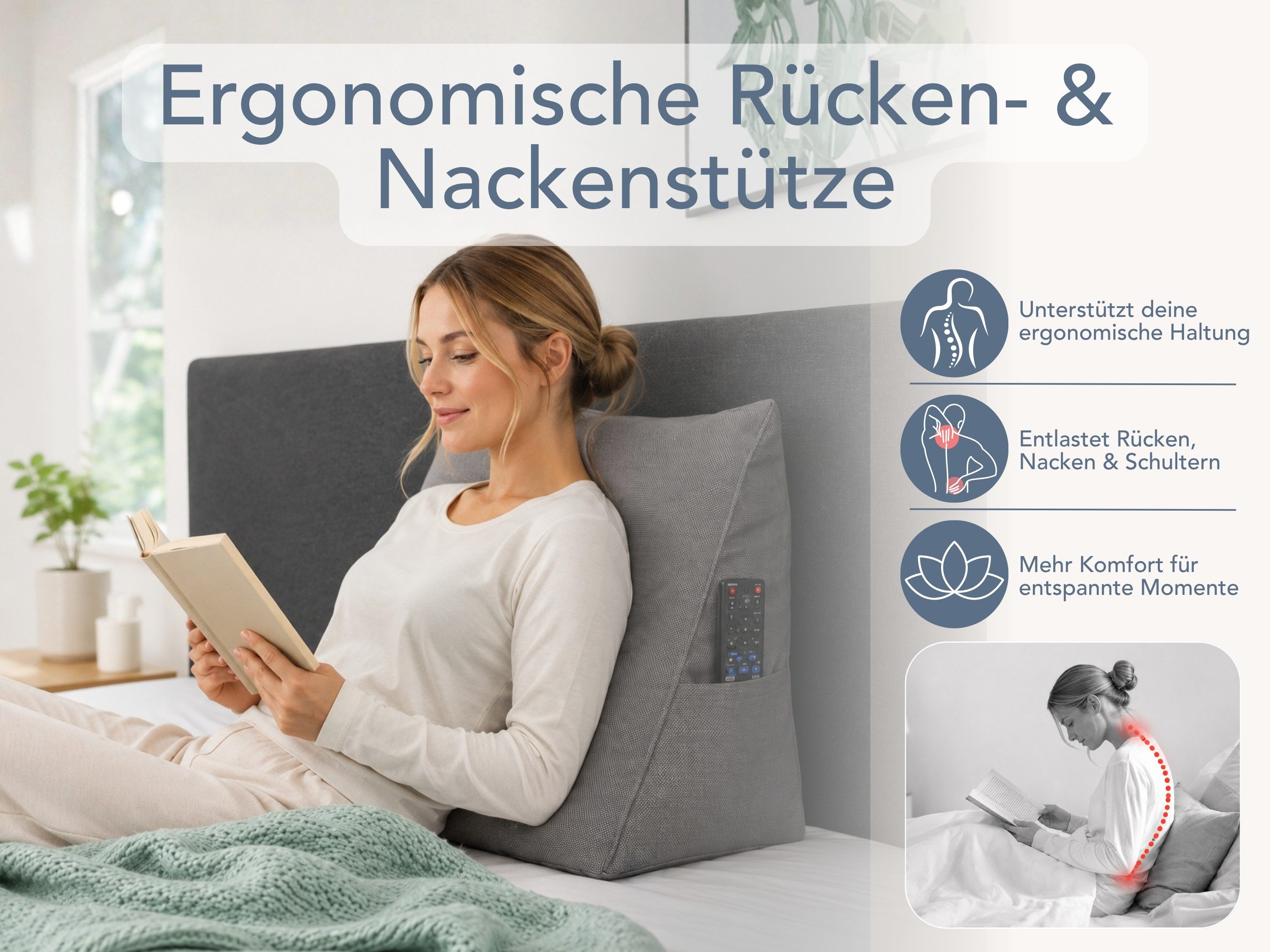 XDREAM Rückenkissen ergonomisches Keilkissen für Bett und Sofa, 1-tlg., als Kopfkissen oder Venenkissen verwendbar, mit praktischem Seitenfach