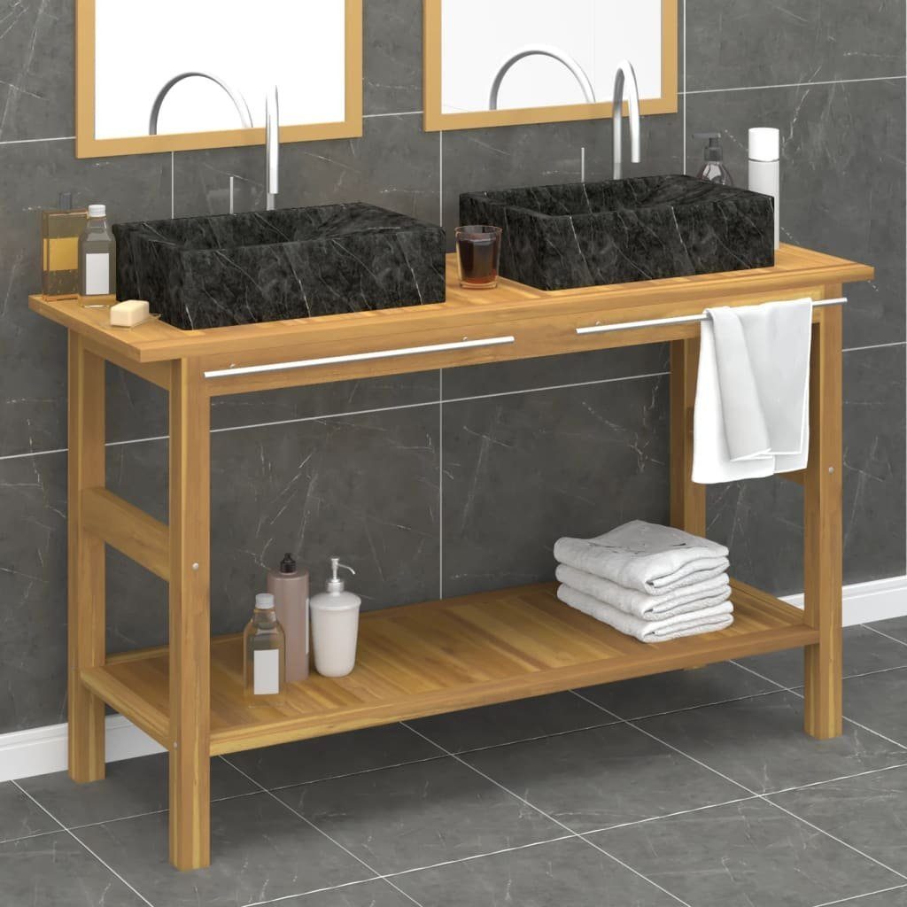vidaXL Badezimmerspiegelschrank (1-St) mit Schwarzen Massivholz Teak Waschtisch Marmorbecken
