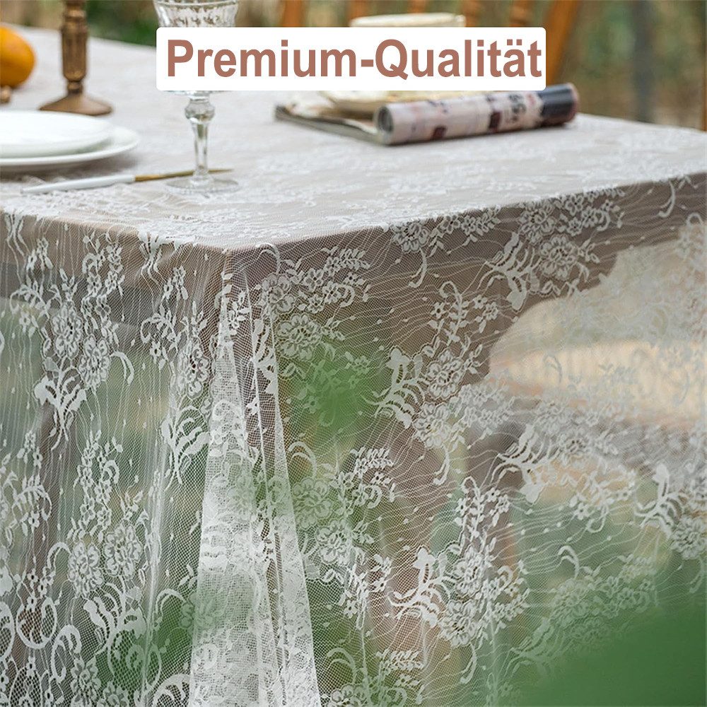 Diwzbyn Tischläufer Tischdecke Spitze,Weiße Spitze Tischdecke in Spitzenauflage Vintage, 150x300CM,Hochzeits-Tischdecke, für Esszimmer, Küche und Party – Bild 2 von 5