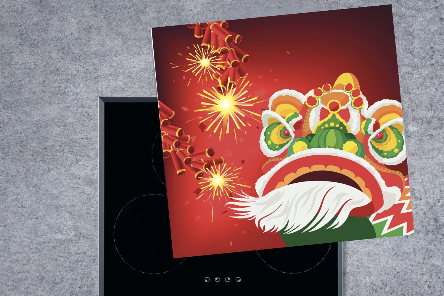 für Illustration (1 Neujahrsfest, der Ceranfeldabdeckung, MuchoWow Eine cm, 78x78 küche chinesischen Vinyl, Herdblende-/Abdeckplatte Feierlichkeiten tlg), zum Arbeitsplatte