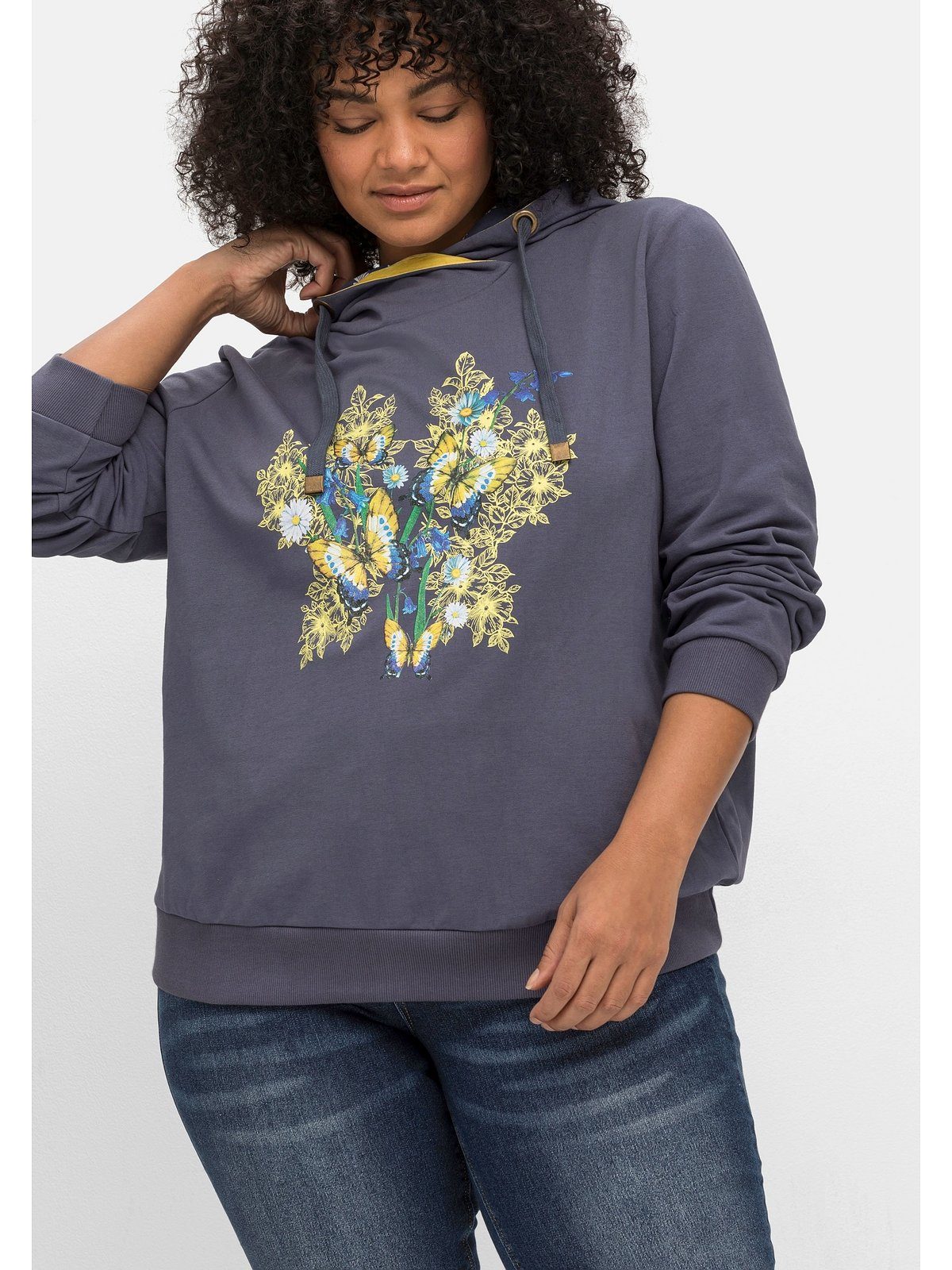 Große floralem Größen sheego Kapuzensweatshirt Frontdruck mit Joe by Browns
