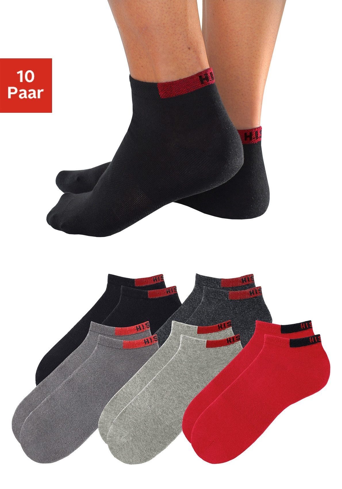 H.I.S Sneakersocken (Set, 10-Paar) mit verstärkten Belastungszonen 2x schwarz, 2x grau, 2x rot, 2x anthrazit-meliert, 2x hellgrau-meliert