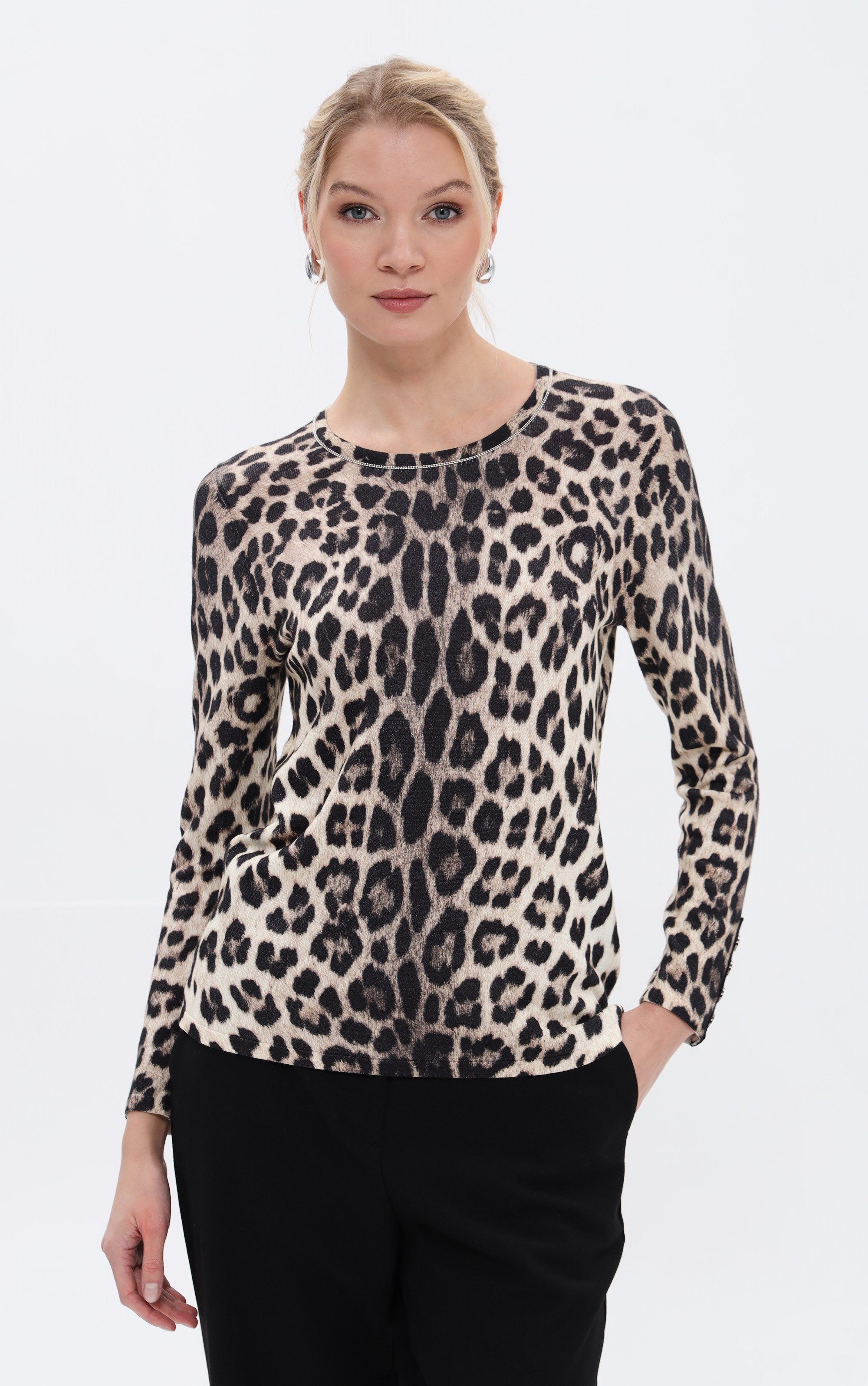 Passioni Rundhalspullover mit Leoprint günstig online kaufen