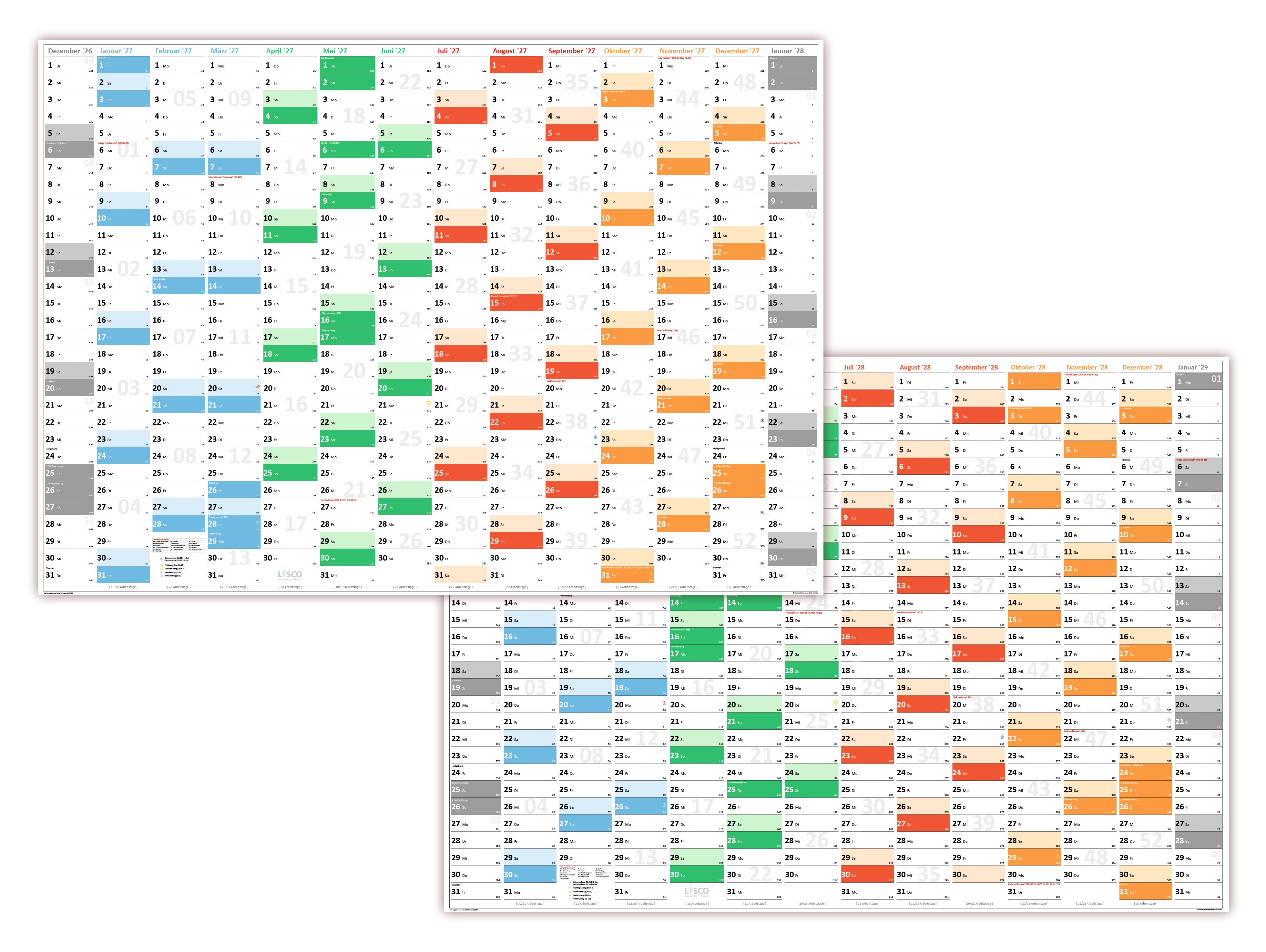LYSCO Wandkalender Rainbow Premium Classic2 Wandplaner 2027 + 2028 (gerollt), erhältlich in den Formaten DIN A2, DIN A1 und DIN A0, Rainbow Kalender Terminkalender Bürokalender Jahreskalender