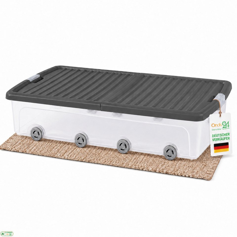 ONDIS24 Aufbewahrungsbox Unterbettbox Rollerbox 55 L, nestbar, mit Klickverschlüssen (1 St), aufklappbarem Deckel und Transportrollen