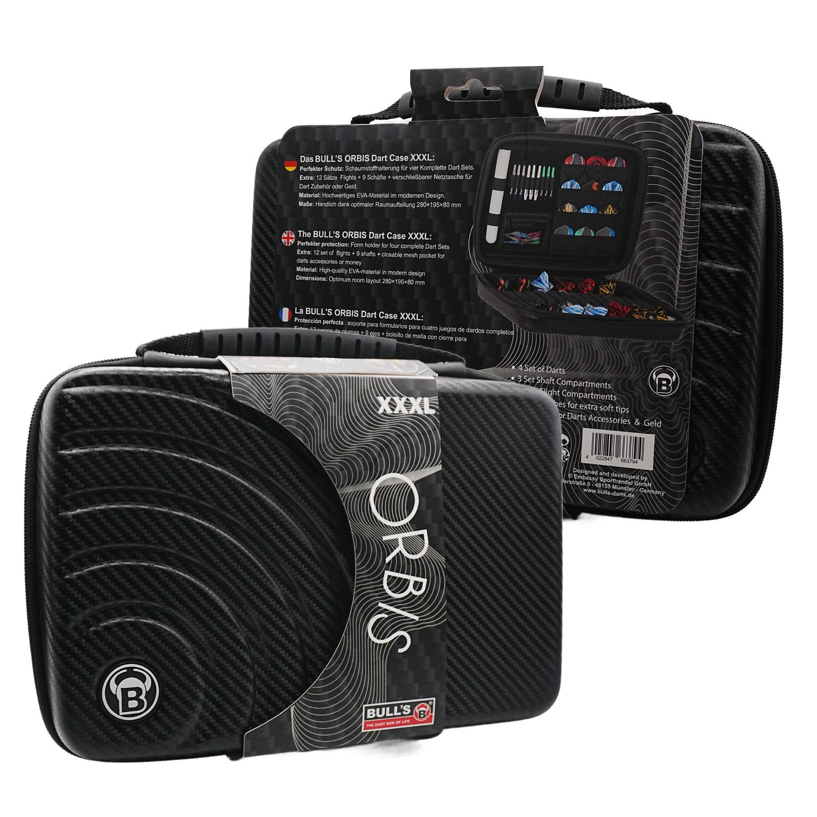 Dartpfeil Dartcase, Dartkoffer, Orbis 3XL,4 Dartsätze, Schwarz, 280x195x80mm