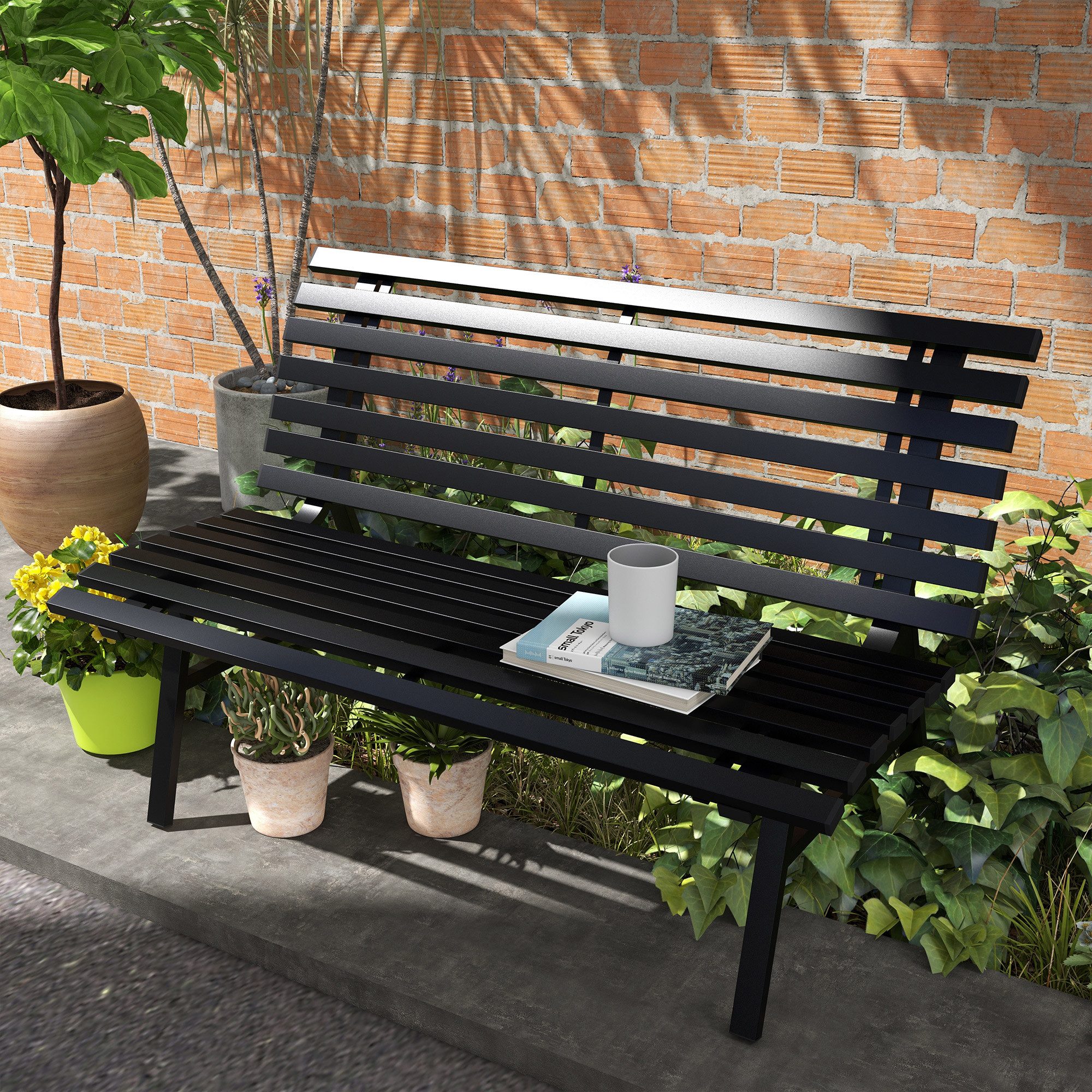Outsunny Gartenbank aus Alu, mit Lamellen-Design, 240kg belastbar (wetterfest Sitzbank, 1-St., 2-Sitzer Gartenmöbel), für Balkon, Terrasse, Garten, 123 x 67 x 79cm, Schwarz