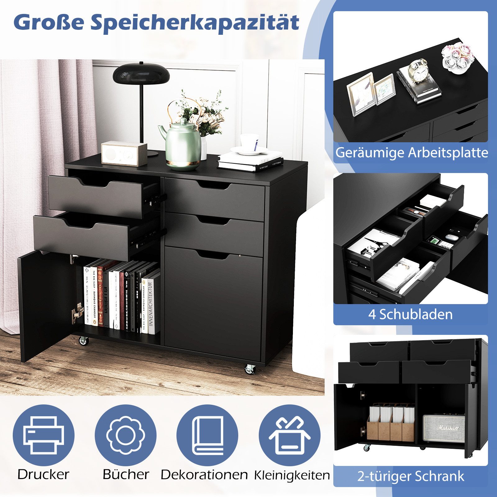 COSTWAY Rollcontainer, mit 4 Schubladen, 2 Türen, Büroschrank mit Rollen