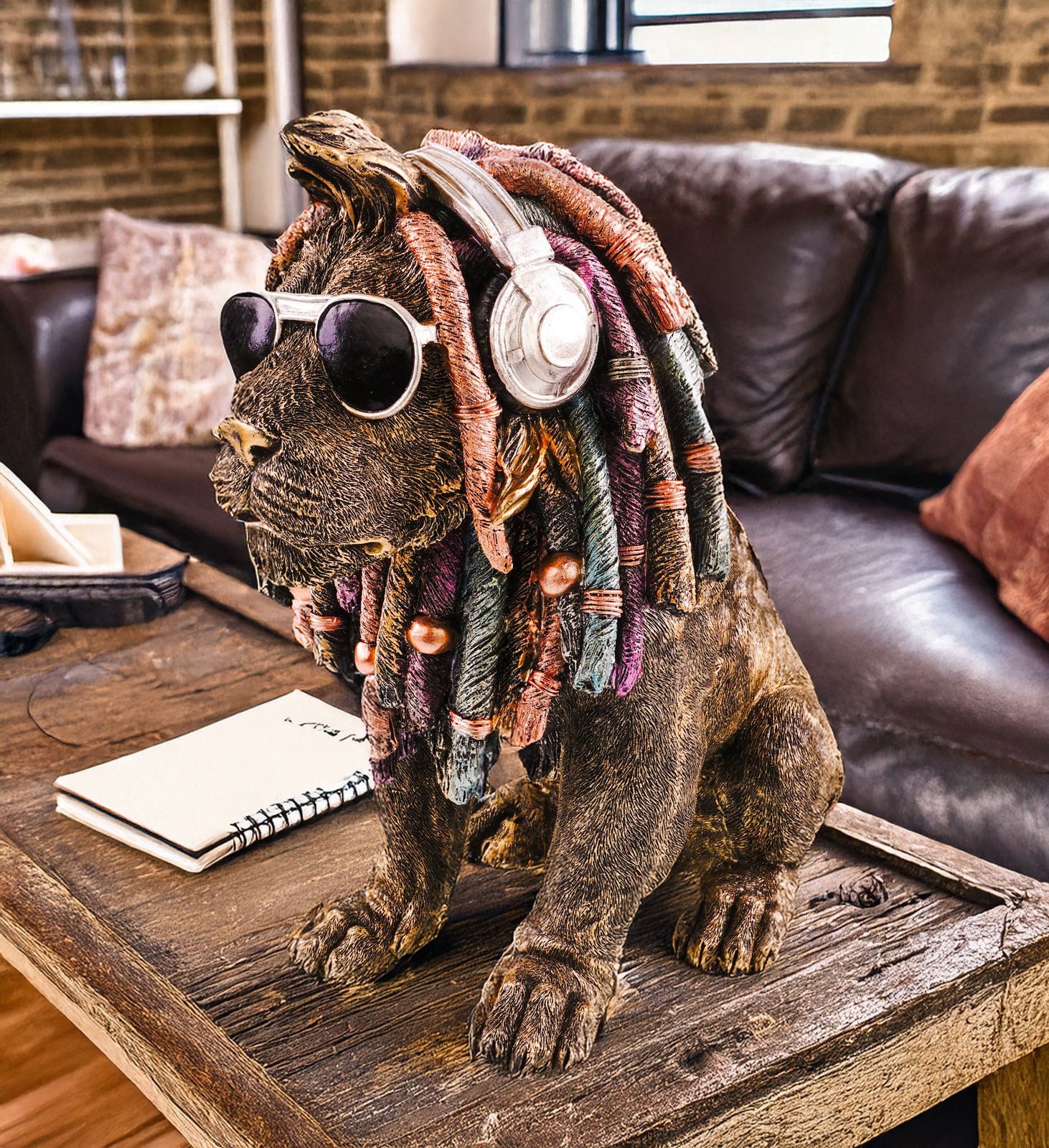 Kremers Schatzkiste Dekofigur Löwe Gold 37cm Rasta Mähne Sonnenbrille Kopfh günstig online kaufen