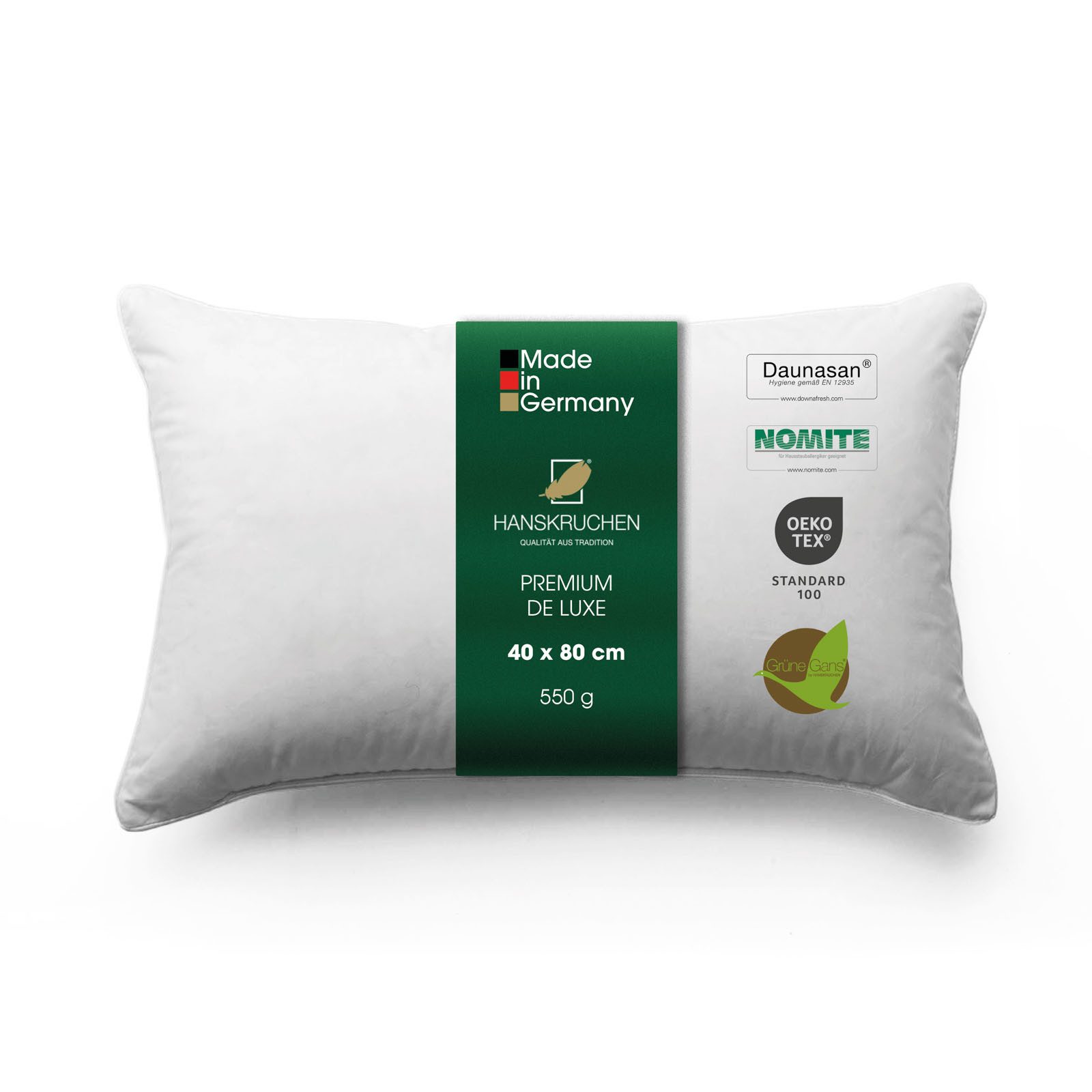 HANSKRUCHEN 3-Kammer-Kopfkissen HANSKRUCHEN Daunenkissen Kopfkissen Premium de Luxe 40 x 80 cm, Füllung: 90% Daunen, 10% Federn, Bezug: 1005 Baumwolle, hergestellt in Deutschland, für Allergiker geeignet