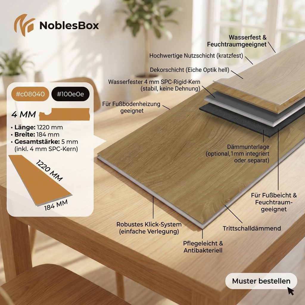 NoblesBox Designboden Klick Vinylboden SPC - Hartvinyl - 4+1mm Wasserfest - 1 mm Isolierung, Für Fußbodenheizung, Hochabriebfest & Klicksystem – Bild 3 von 5
