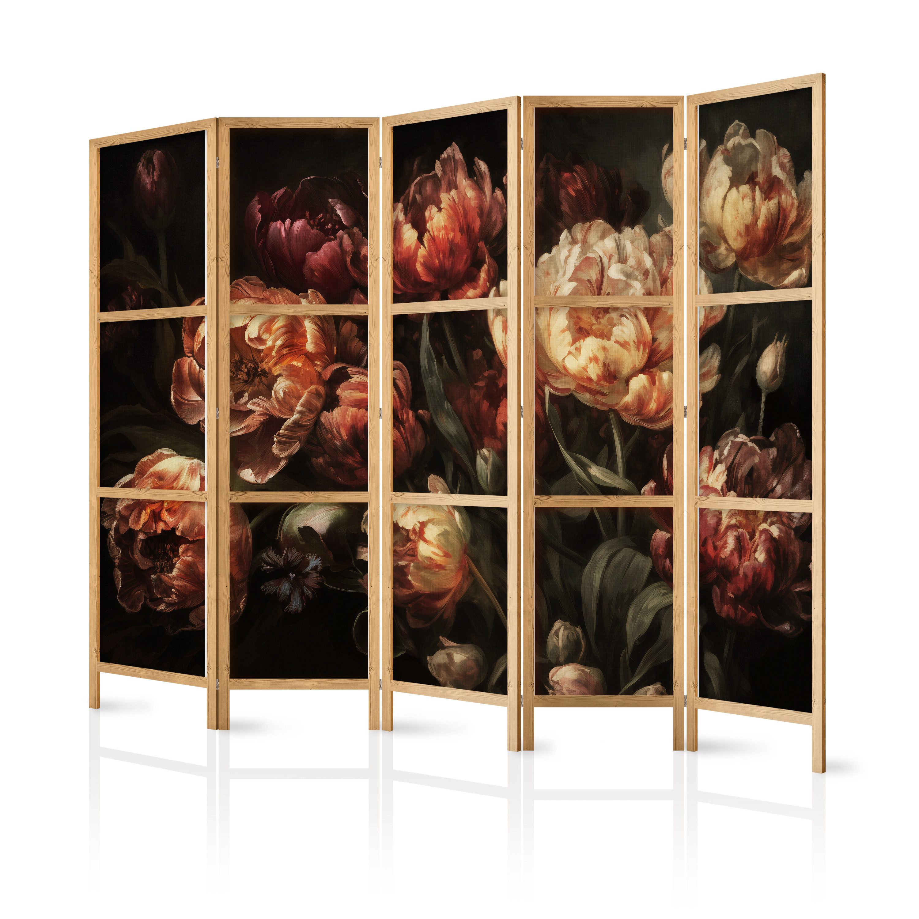 Muralo Paravent 5-teilig Japanischer Paravent klappbar Pfingstrosen Blumen Retro-Stil (Packung, 1 St., 225x172 cm), Für das Wohnzimmer, das Schlafzimmer