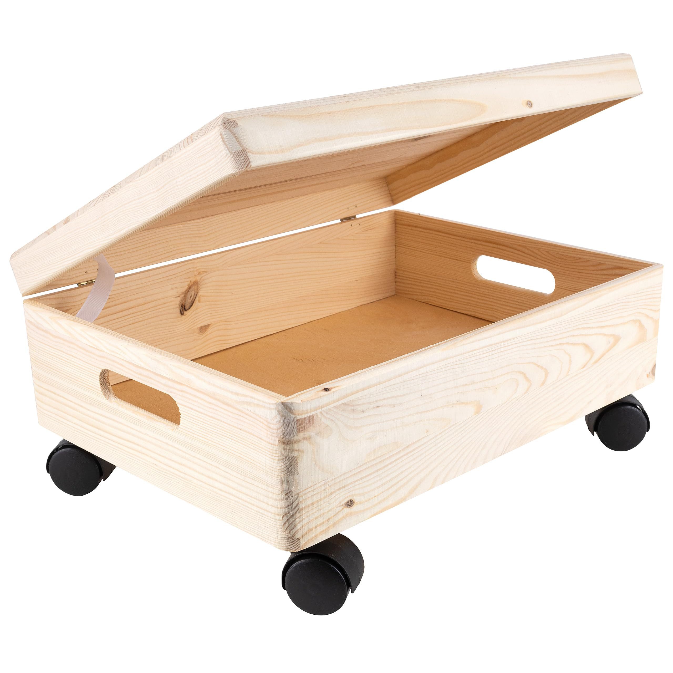 Creative Deco Holzkiste mit Deckel und Rollen Natur