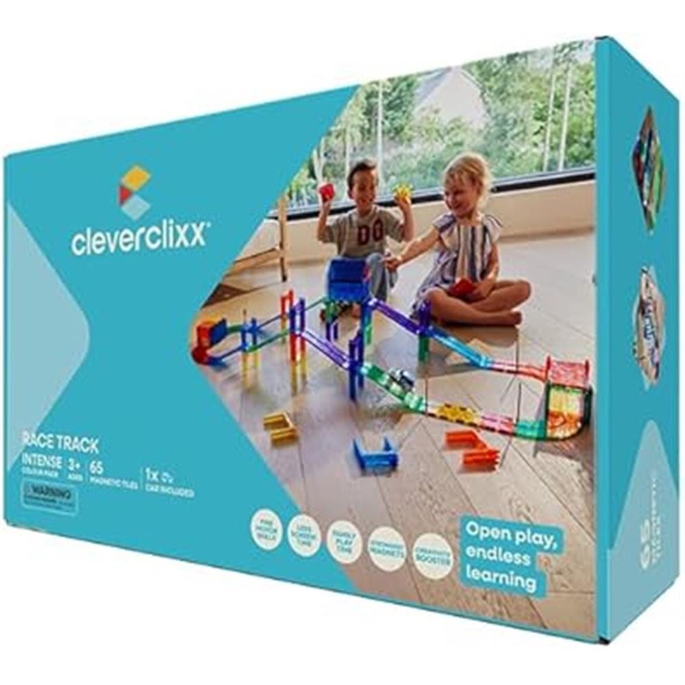 Cleverclixx Cleverclixx Autobahn-Bausatz in Knallfarben 65 Teile Magnetspielbausteine, langlebiges Magnetspielzeug, robuste Bauweise, erweiterbare Sets