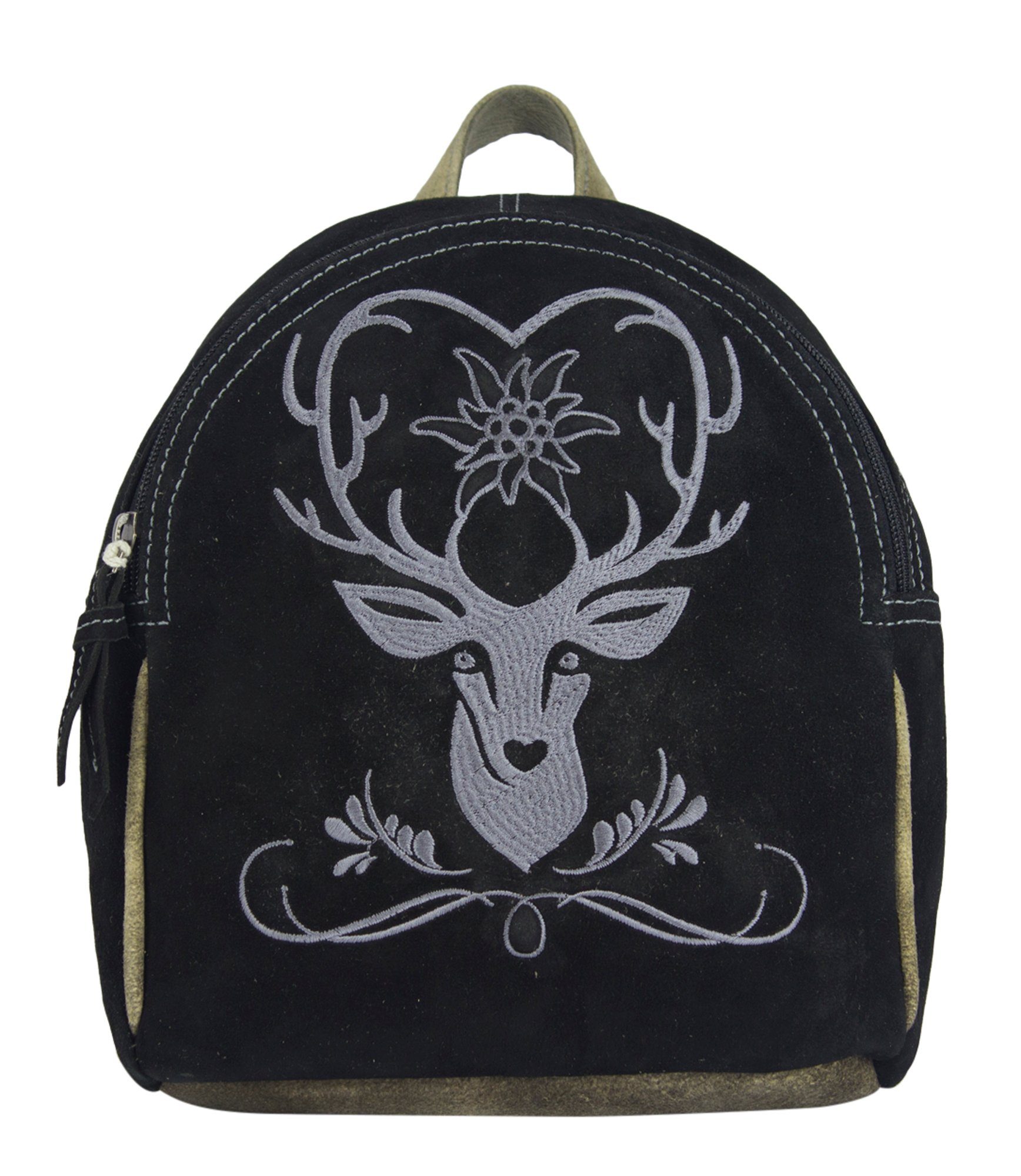 Domelo Trachtentasche Leder Trachten Rucksack Backpack Cityrucksack besticket, Leder Rucksack mit Trachtenmotive Stickerei, Reh Motiv.