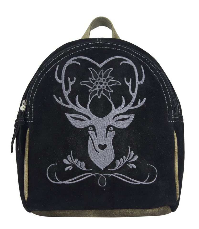 Domelo Trachtentasche Leder Trachten Rucksack Backpack Cityrucksack besticket, Leder Rucksack mit Trachtenmotive Stickerei, Reh Motiv.