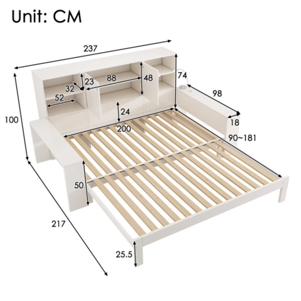 Ulife Stauraumbett Holz-Bett mit Doppeltüren & USB/USB-C Anschlüssen (4-tlg), platzsparendes Doppelbett & Jugendbett (ohne Matratze)