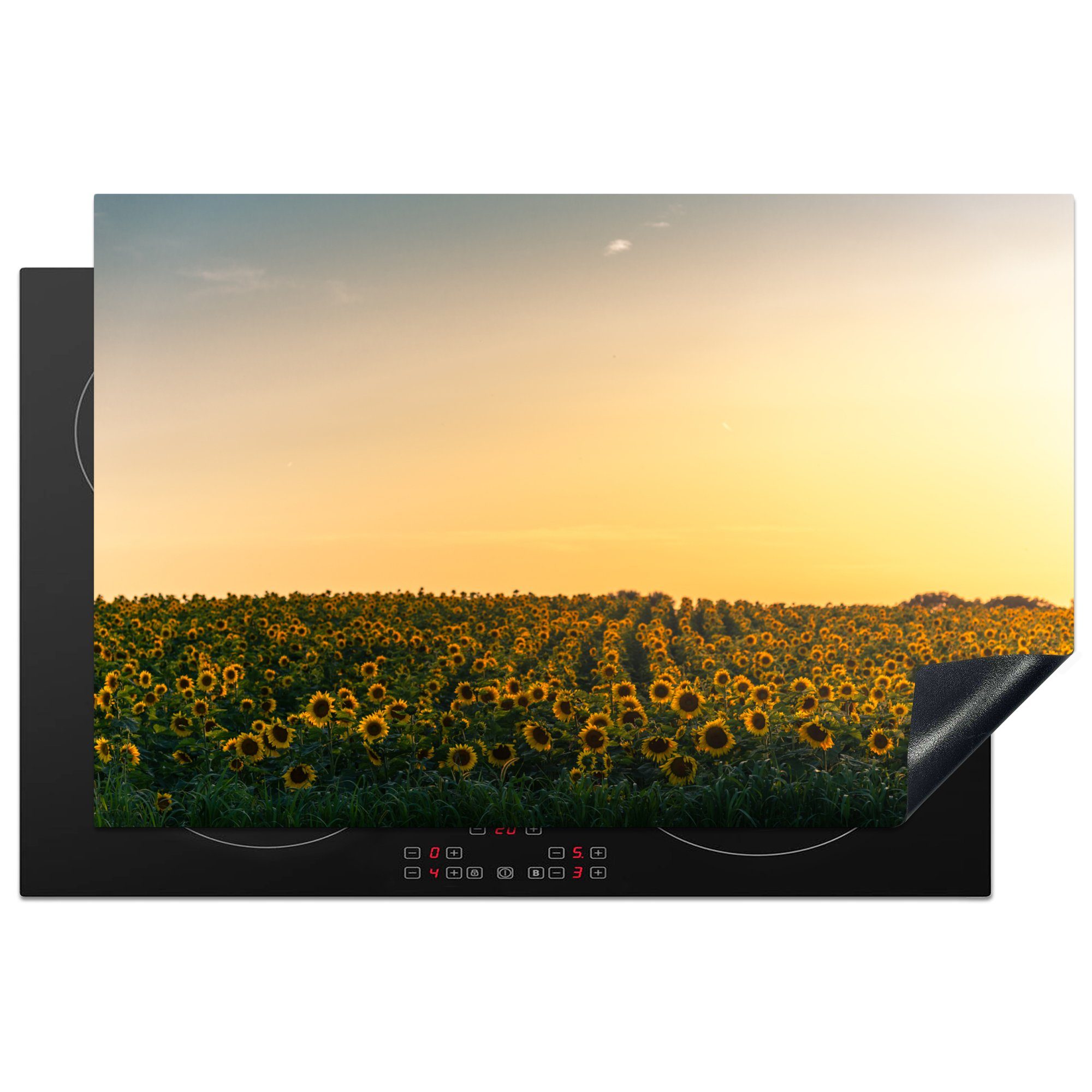 MuchoWow Herdblende-/Abdeckplatte Reihen von Sonnenblumen unter einem orangefarbenen Himmel, Vinyl, (1 tlg), 81x52 cm, Induktionskochfeld Schutz für die küche, Ceranfeldabdeckung