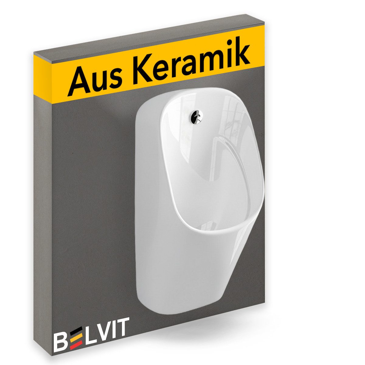 Belvit Urinal mit Sensor Rückwandanschluss 30x59x33,5 cm – Pissoir wandhängend, Keramik, Automatische Spülung, (1-tlg., Batterieversorgung ohne Stromanschluss), berührungsloser Spülung in Mattschwarz, Weiß matt oder glänzend