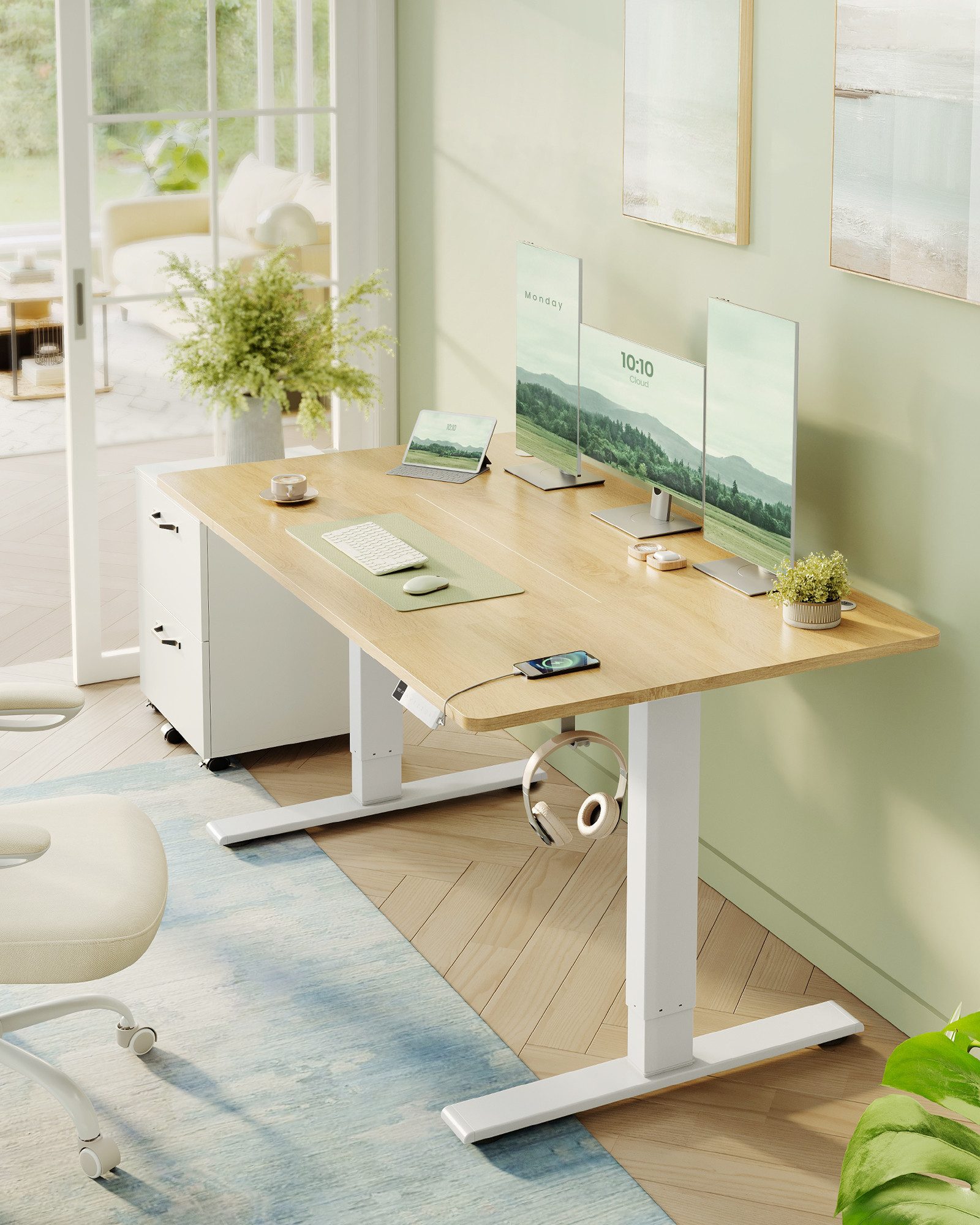 VASAGLE Schreibtisch Höhenverstellbarer, USB-C-Anschluss, Erinnerung bei langem Sitzen, Ablage für Steckdosenleiste, 3 Speichertasten, 140/160/180cm