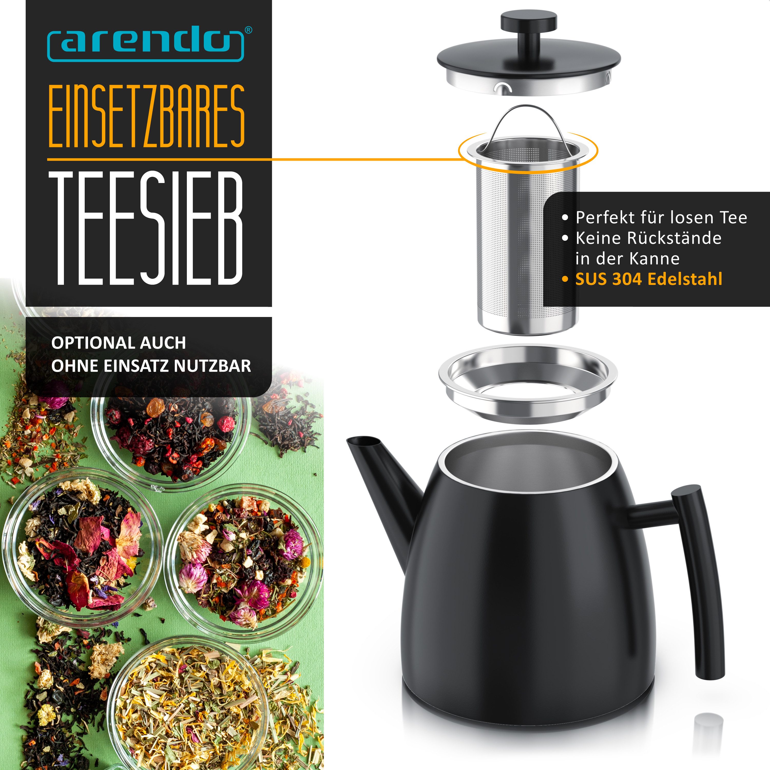 Arendo Teekanne mit Griff aus Metall, Edelstahl Isolierkanne mit Siebeinsatz, 1000 ml, 1 l, (Set, 2-St), Doppelwandige Thermo Isolierung, Kanne mit Teesieb für losen Tee