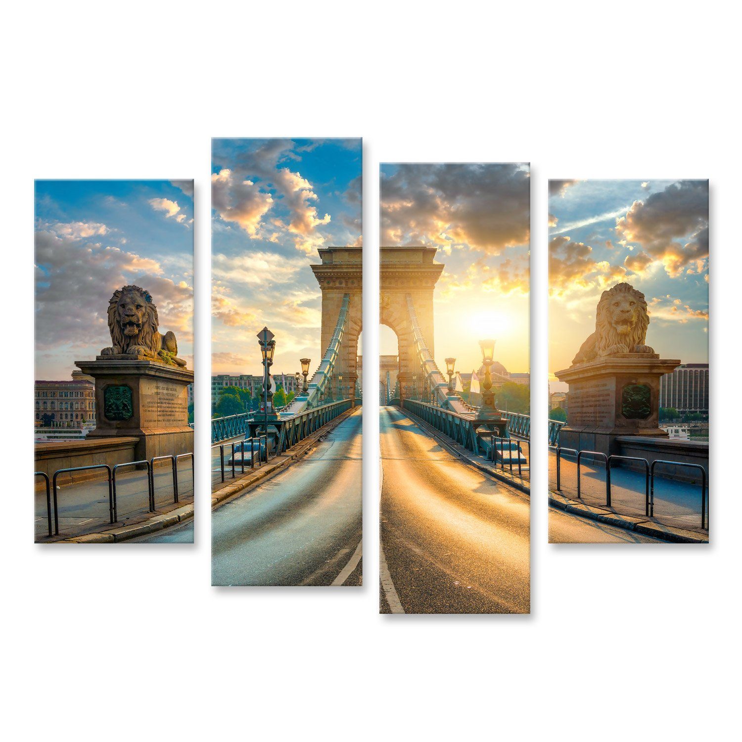 islandburner Leinwandbild Bild auf Leinwand Kettenbrücke Budapest Statuen Löwen Sonnenaufgang Un
