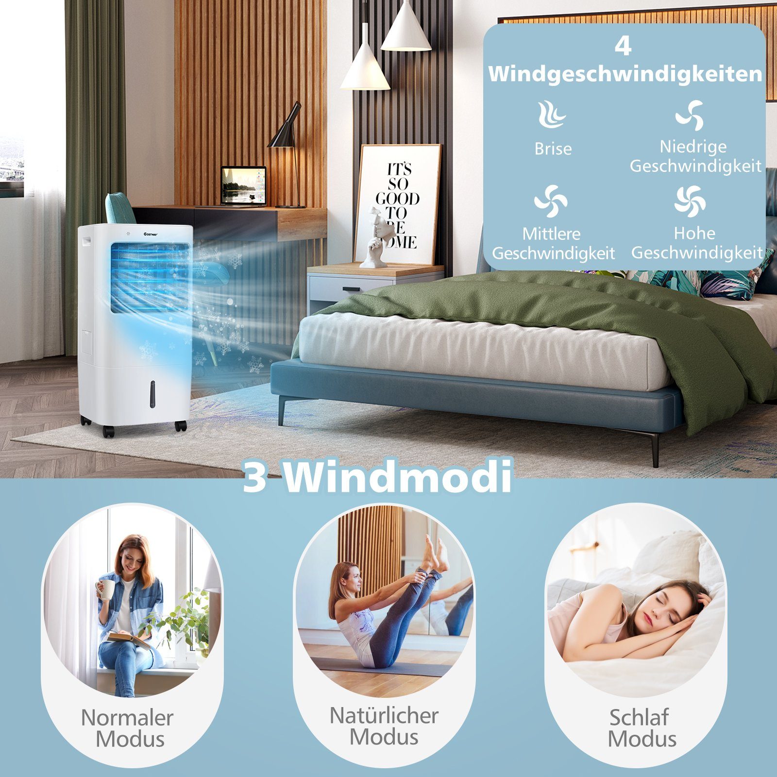 COSTWAY Bodenventilator, 20L Tank, 4 Wind/3 Modi/7,5H Timer, Fernbedienung
