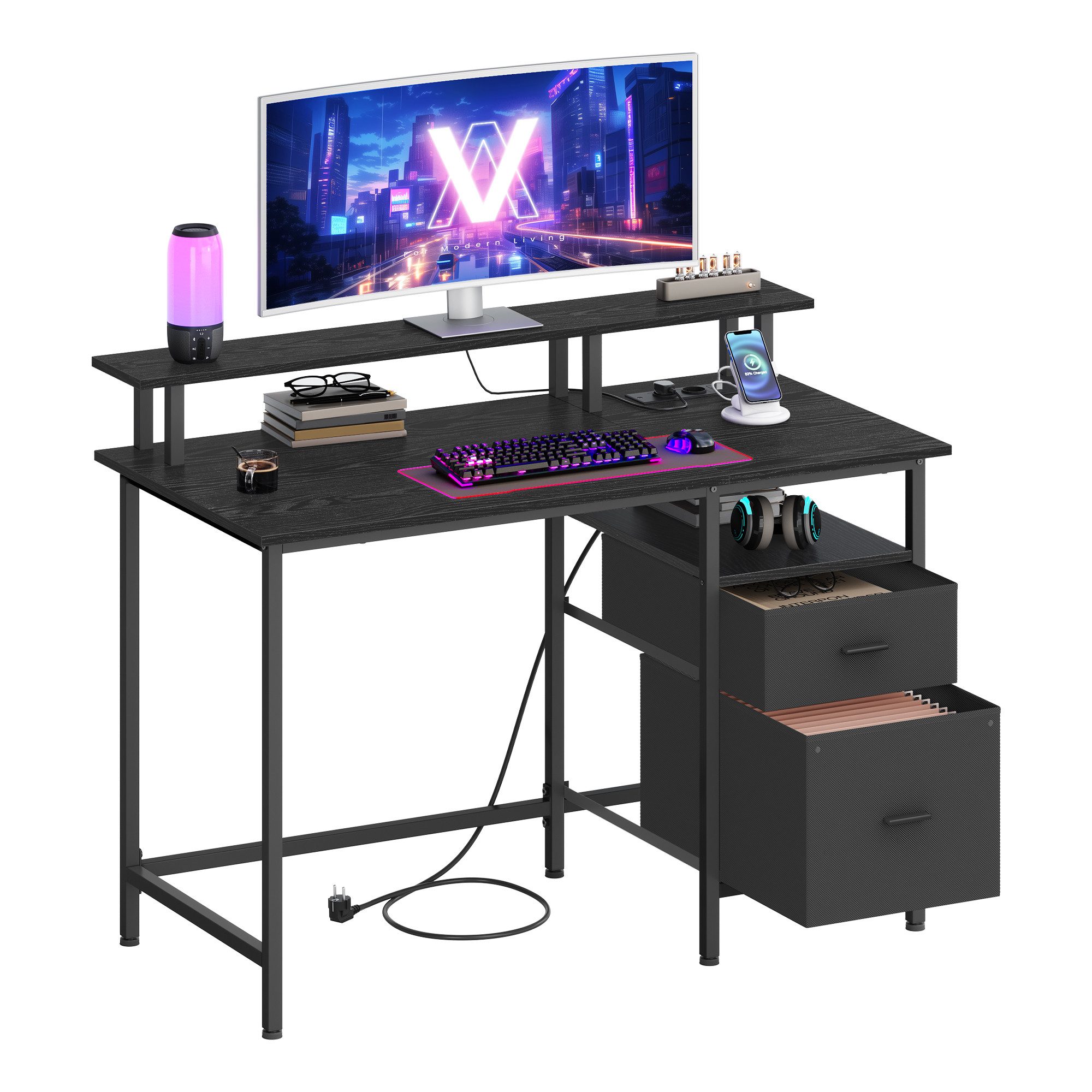 VASAGLE Schreibtisch Computertisch, mit Monitorständer, Bürotisch, 2 AC-Ste günstig online kaufen
