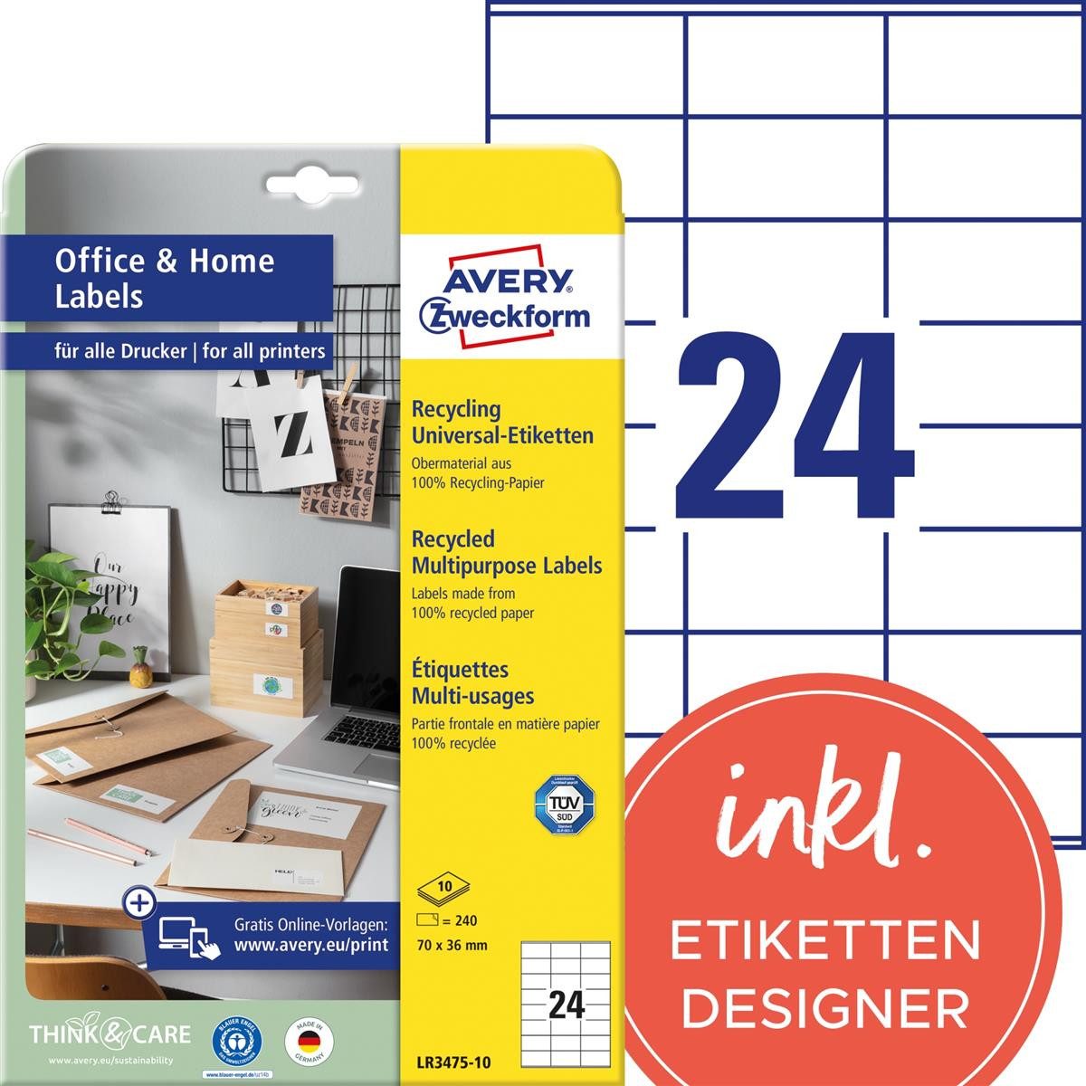 Avery Zweckform Etikett AVERY Zweckform LR3475-10 240 Etiketten weiß 70,0 x 36,0 mm