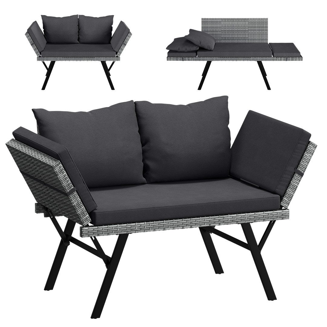 STEELSØN Gartenbank Elytra Relax-Lounge mit klappbaren Armlehnen, 4 Positionen, wetterfest (grau-meliert/anthrazit, inkl. Kissen), Sitzbank mit Liegefunktion bis 177 cm, Rattan Sonnenliege